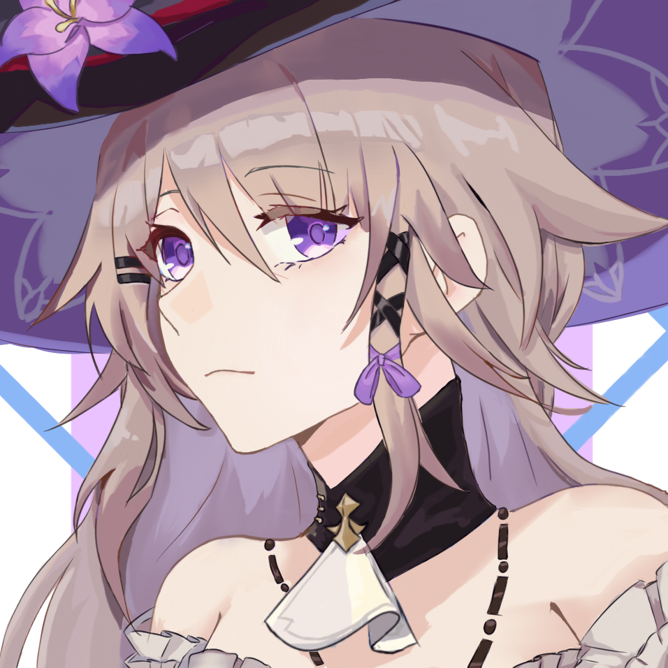herta (honkai: star rail), the herta (honkai: star rail), honkai: star rail, honkai (series), chinese commentary, commentary request, 1girl, ailotrsia-yepuxiaoye, bare shoulders, black choker, choker, flower, grey hair, hair between eyes, hair ribbon, hat, hat flower, long hair, looking at viewer, portrait, purple eyes, purple flower, purple ribbon, ribbon, solo