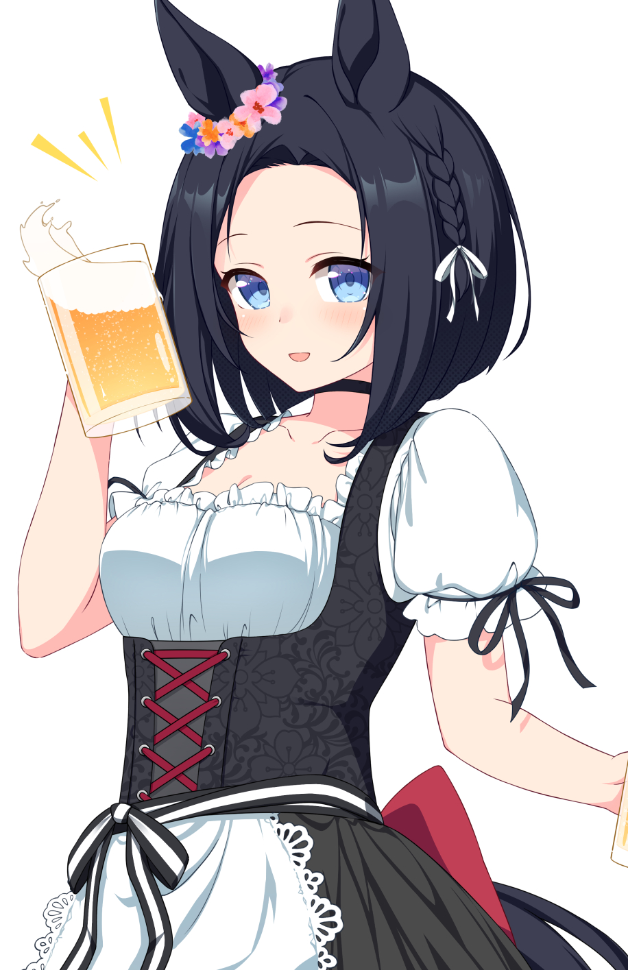 bananatsukis, eishin flash (meisterschaft) (umamusume), eishin flash (umamusume), umamusume, highres, 1girl, alcohol, animal ears, apron, bare shoulders, beer, beer mug, black choker, black dress, black hair, black skirt, blue eyes, blush, bodice, bow, breasts, choker, choler, collarbone, cup, dirndl, dress, ear ribbon, ear scrunchie, flower, german clothes, hair between eyes, holding, holding cup, horse ears, horse girl, horse tail, looking at viewer, medium breasts, medium hair, mug, open mouth, shirt, short hair, skirt, smile, solo, tail, white apron, white shirt