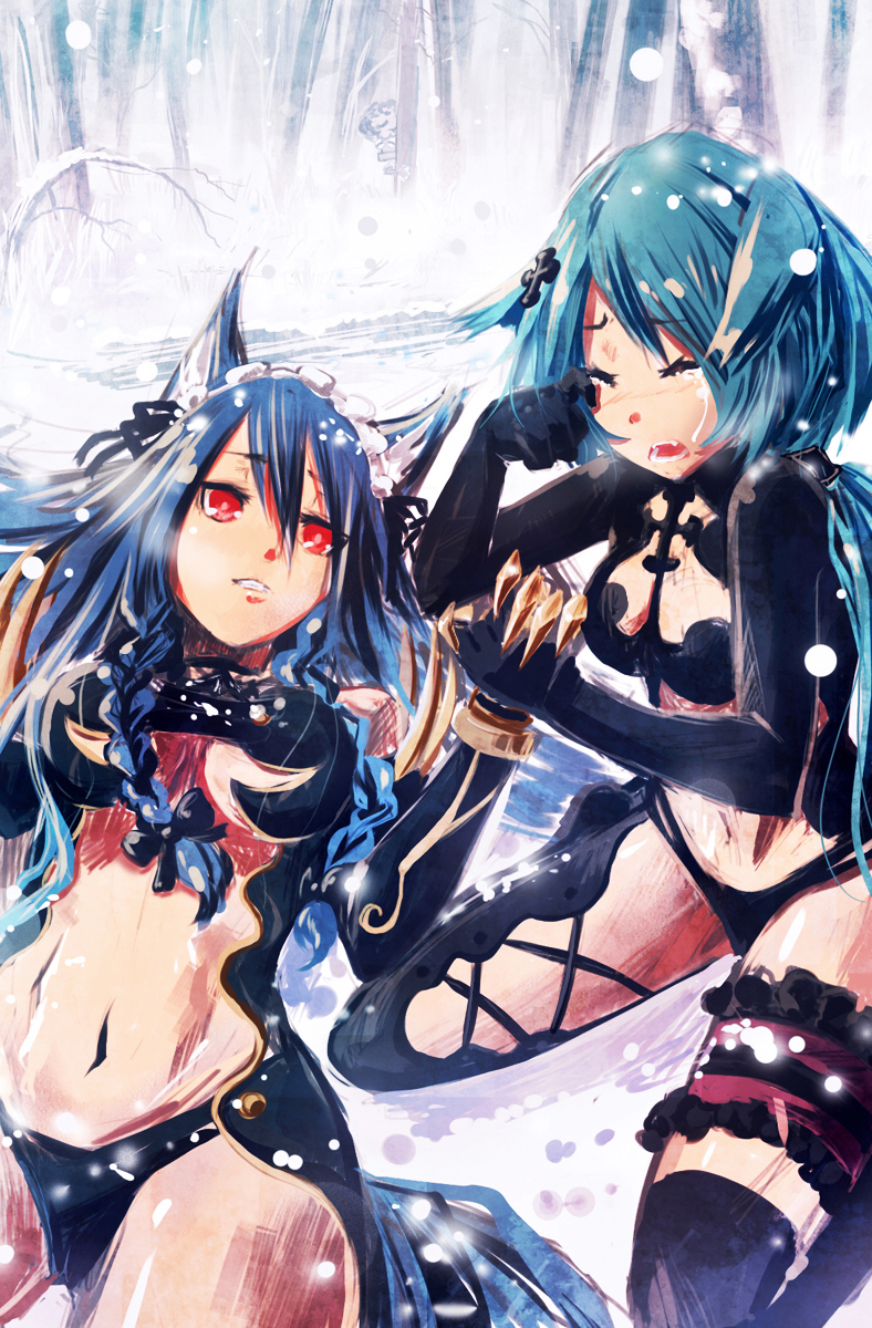ochakai shin'ya, pixiv fantasia, pixiv fantasia 3, bad id, bad pixiv id, highres, 2girls, animal ears, blue hair, blush, braid, breasts, dying, elbow gloves, gloves, holding hands, injury, kneeling, large breasts, long hair, multiple girls, sad, snow, tears, thighhighs, twin braids