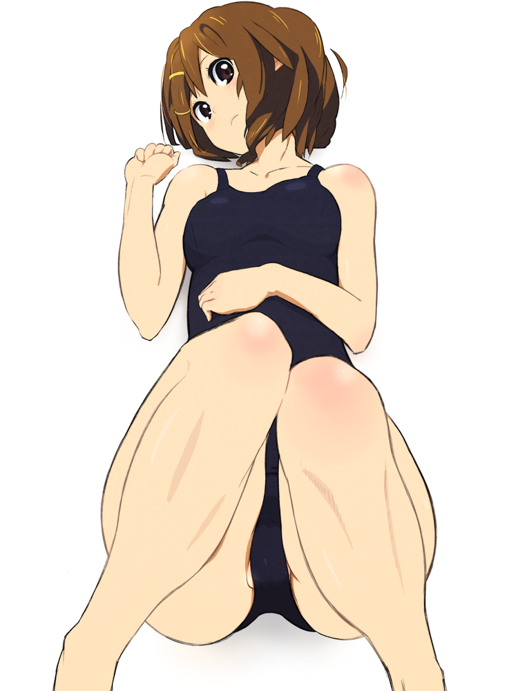 iku ki, hirasawa yui, k-on!, 00s, 1girl, bare legs, bare shoulders, brown eyes, brown hair, female focus, gradient background, one-piece swimsuit, school swimsuit, short hair, solo, swimsuit