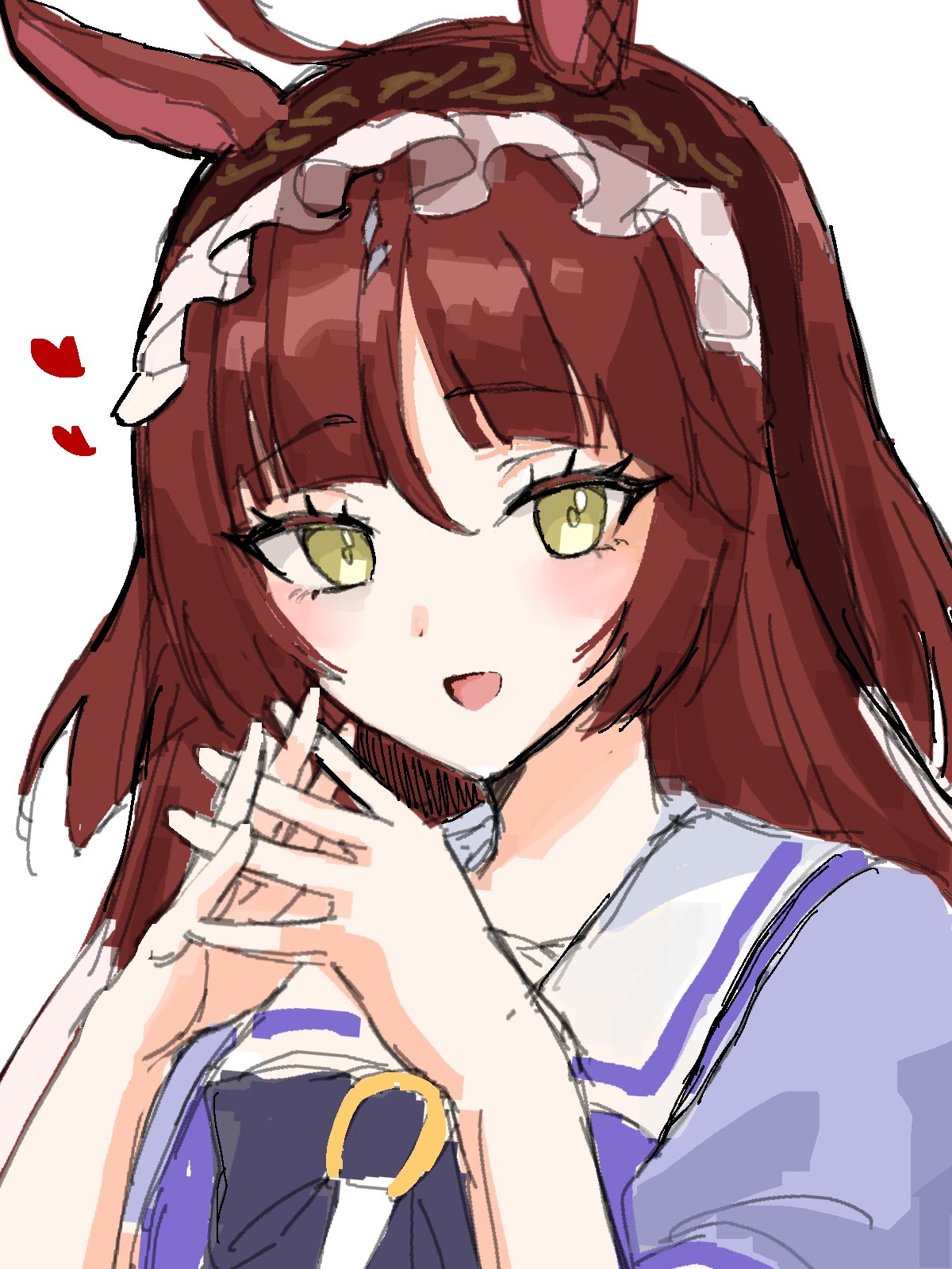 nakichi n, red desire (umamusume), umamusume, highres, 1girl, ahoge, animal ears, blunt bangs, blunt ends, blush, bow, bowtie, brown headdress, frilled hairband, frills, hair between eyes, hairband, heart, horse ears, horse girl, long hair, looking at viewer, open mouth, puffy short sleeves, puffy sleeves, purple bow, purple bowtie, purple shirt, red hair, red hairband, red headdress, sailor collar, sailor shirt, school uniform, shirt, short sleeves, simple background, smile, solo, tracen school uniform, upper body, white background, white sailor collar, yellow eyes
