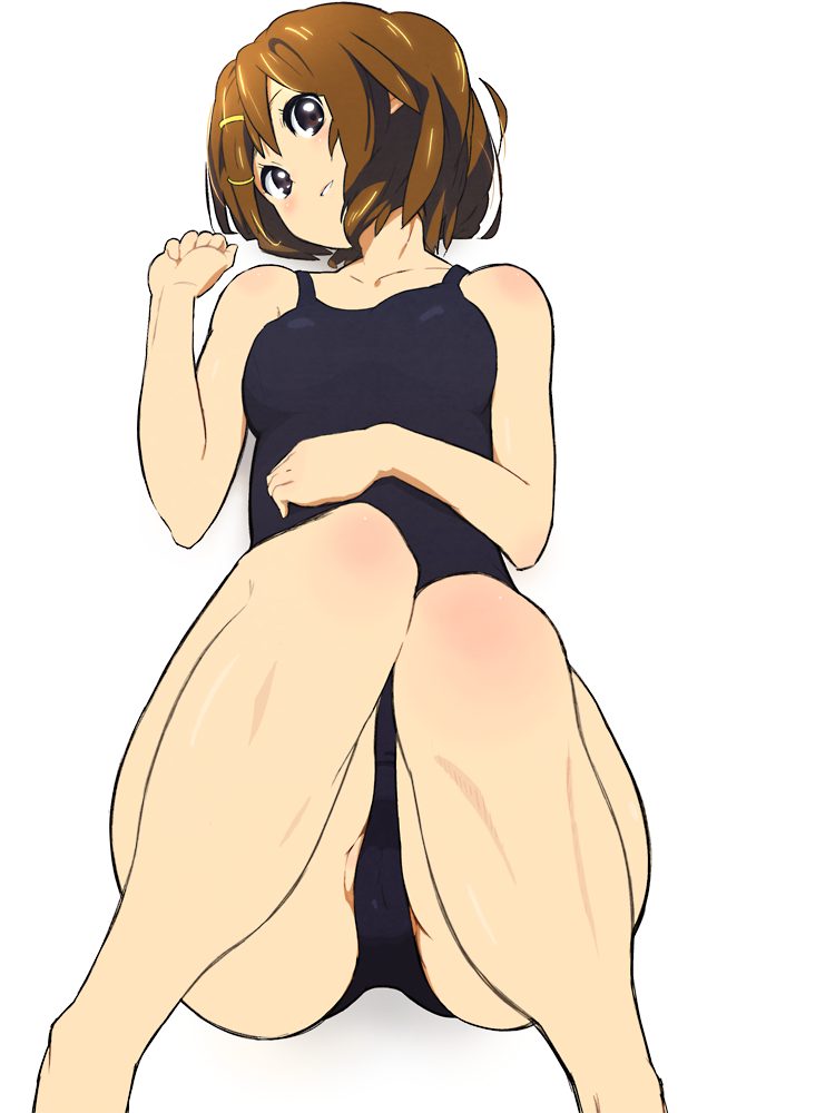 iku ki, hirasawa yui, k-on!, bad id, bad pixiv id, 00s, 1girl, ass, black one-piece swimsuit, blush, brown eyes, brown hair, female focus, gradient background, hair ornament, hairclip, legs, lying, one-piece swimsuit, school swimsuit, short hair, solo, swimsuit