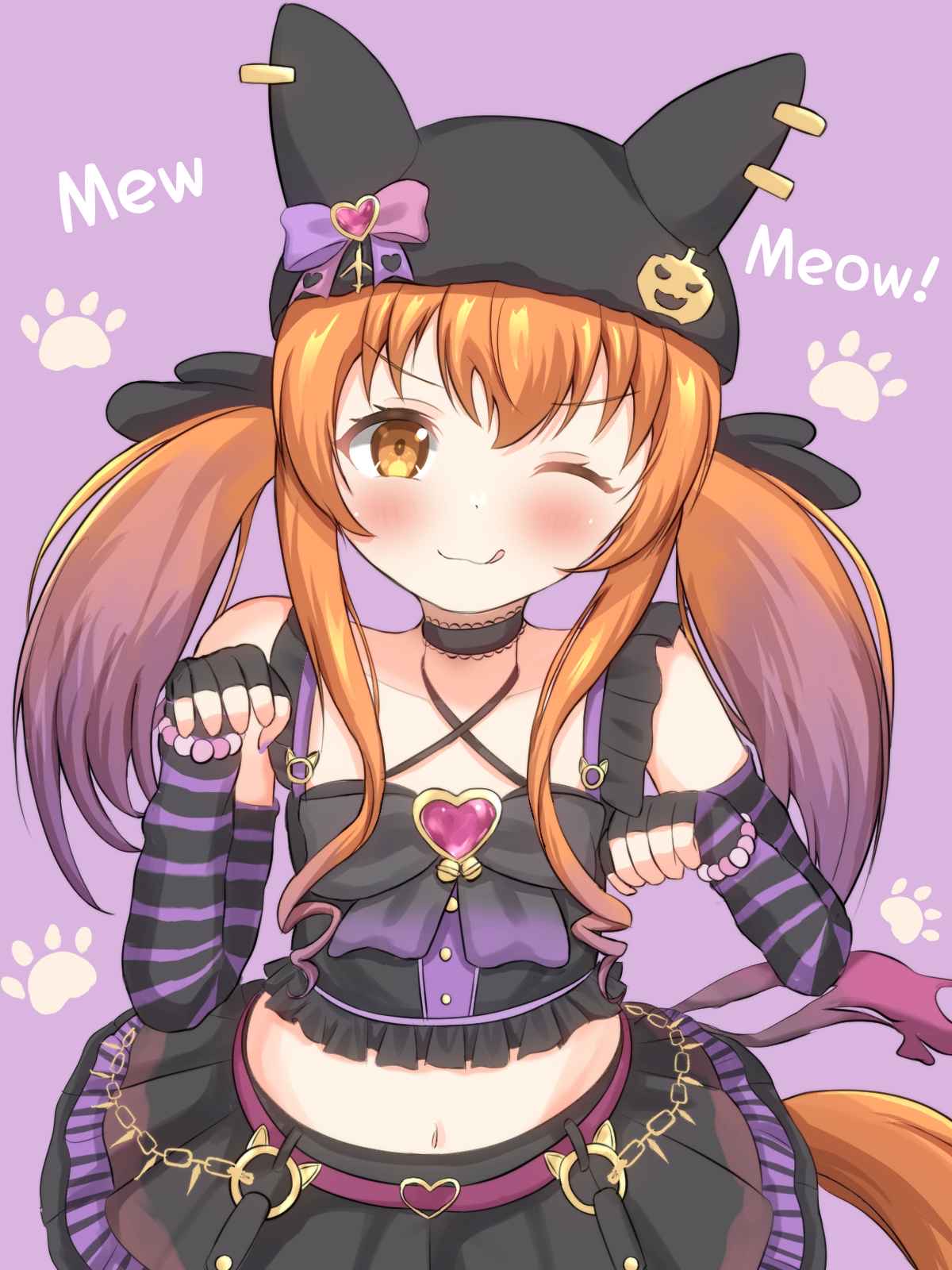 mayano top gun (rockin' mewmeow) (umamusume), mayano top gun (umamusume), umamusume, highres, 1girl, airplane hair ornament, animal ear headwear, animal earrings, animal ears, animal hands, bead bracelet, beads, black bow, black hat, black shirt, black skirt, blush, bow, bracelet, breasts, cat paws, choker, closed mouth, emo fashion, english text, fake animal ears, fingerless gloves, gloves, hair between eyes, hat, heart belt buckle, horse ears, horse girl, horse tail, jewelry, long hair, looking at viewer, low twintails, midriff, navel, official alternate costume, official alternate hairstyle, one eye closed, orange eyes, orange hair, orange tail, pumpkin hat ornament, purple arm warmers, purple sleeves, rifusw, shirt, skirt, sleeveless, sleeveless shirt, smile, solo, striped arm warmers, striped sleeves, tail, tongue, tongue out, twintails