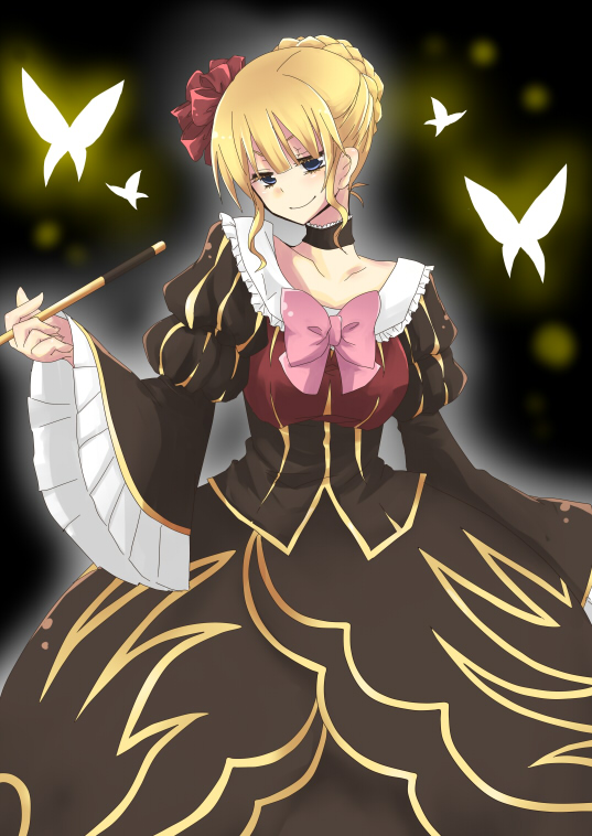 souritu, beatrice (umineko), umineko no naku koro ni, bad id, bad pixiv id, 00s, 1girl, blonde hair, blue eyes, bow, breasts, bug, butterfly, choker, dress, female focus, frills, insect, kiseru, pink bow, ribbon, short hair, smile, smoking pipe, solo