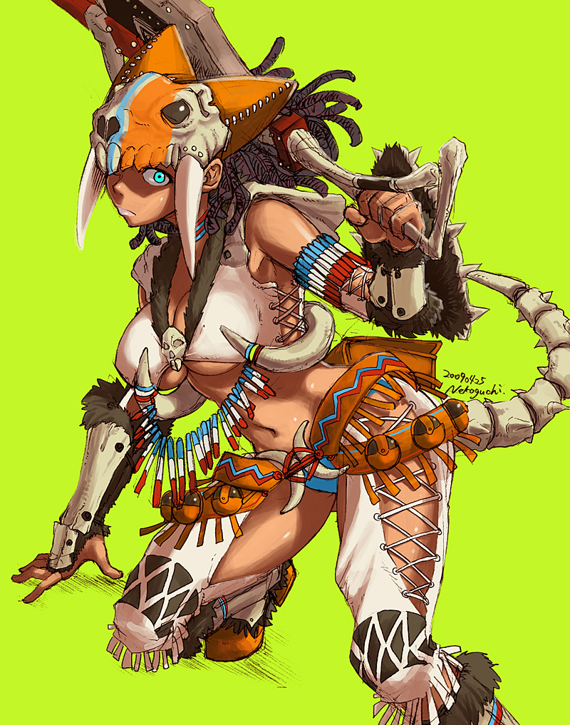 nekoguchi, capcom, monster hunter (series), 1girl, armor, blue eyes, bone armor (monster hunter), breasts, chaps, dark-skinned female, dark skin, dreadlocks, female focus, gauntlets, green background, helm, helmet, large breasts, midriff, rasta, shield, simple background, skeletal tail, solo, squatting, sword, tail, thighhighs, tribal, tusks, underboob, weapon