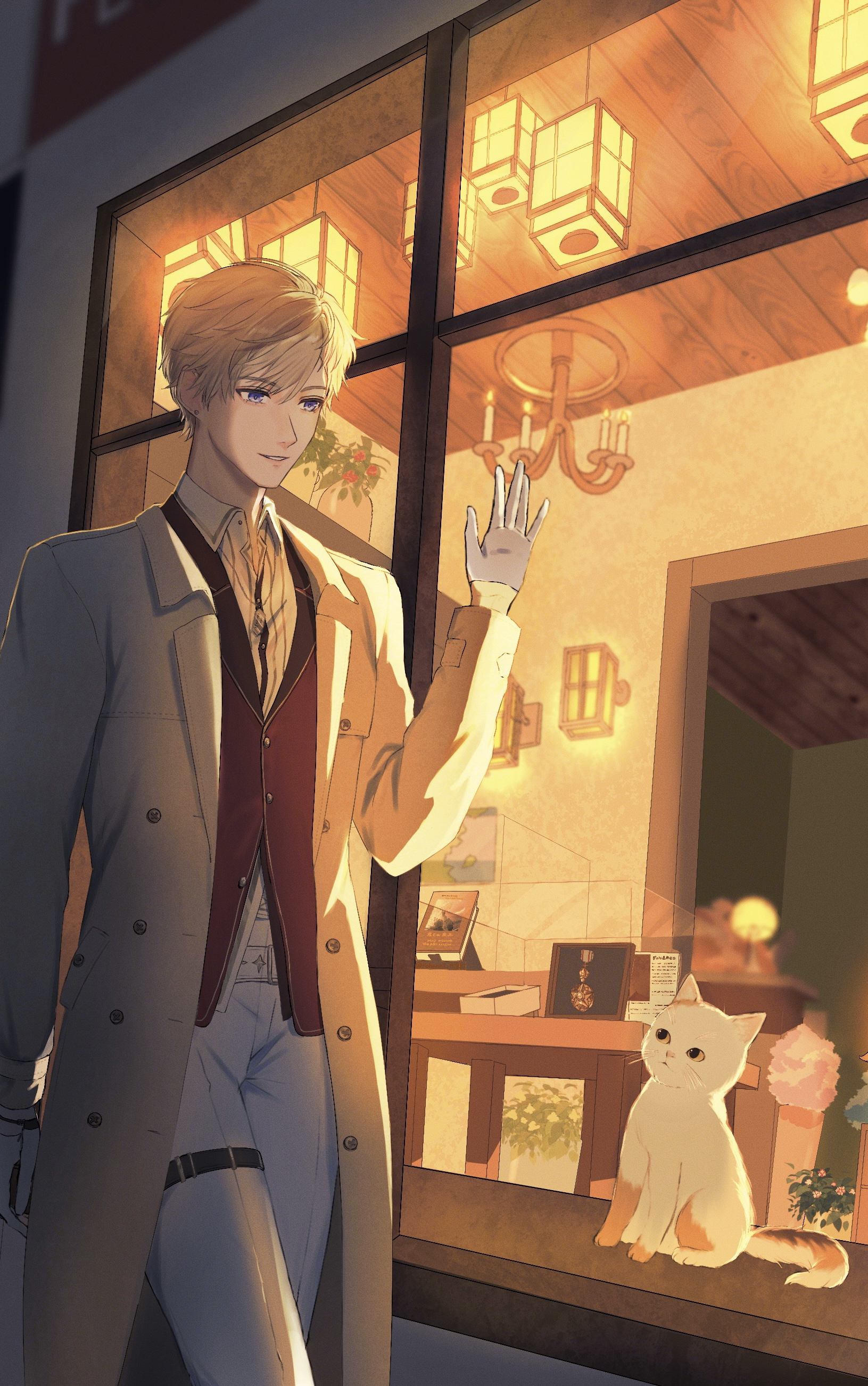 kohanai setsuna, loen, nikki (series), shining nikki, absurdres, commentary request, highres, 1boy, belt, black belt, black vest, blonde hair, blue eyes, buttons, cafe, candle, coat, collared coat, collared shirt, cowboy shot, doorway, dress pants, dress shirt, hair between eyes, happy, lapels, layered sleeves, long sleeves, looking at animal, male focus, notched lapels, open clothes, open coat, pants, parted lips, shirt, short hair, sleeves past wrists, smile, solo, thigh belt, thigh strap, vest, walking, waving, white pants, white shirt, window, yellow coat