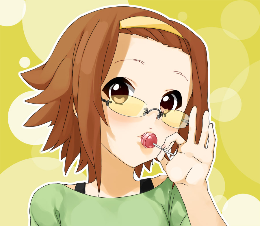 kaisen chuui, tainaka ritsu, k-on!, 00s, 1girl, brown eyes, brown hair, candy, female focus, food, glasses, hairband, lollipop, short hair, solo, sunglasses, tomboy