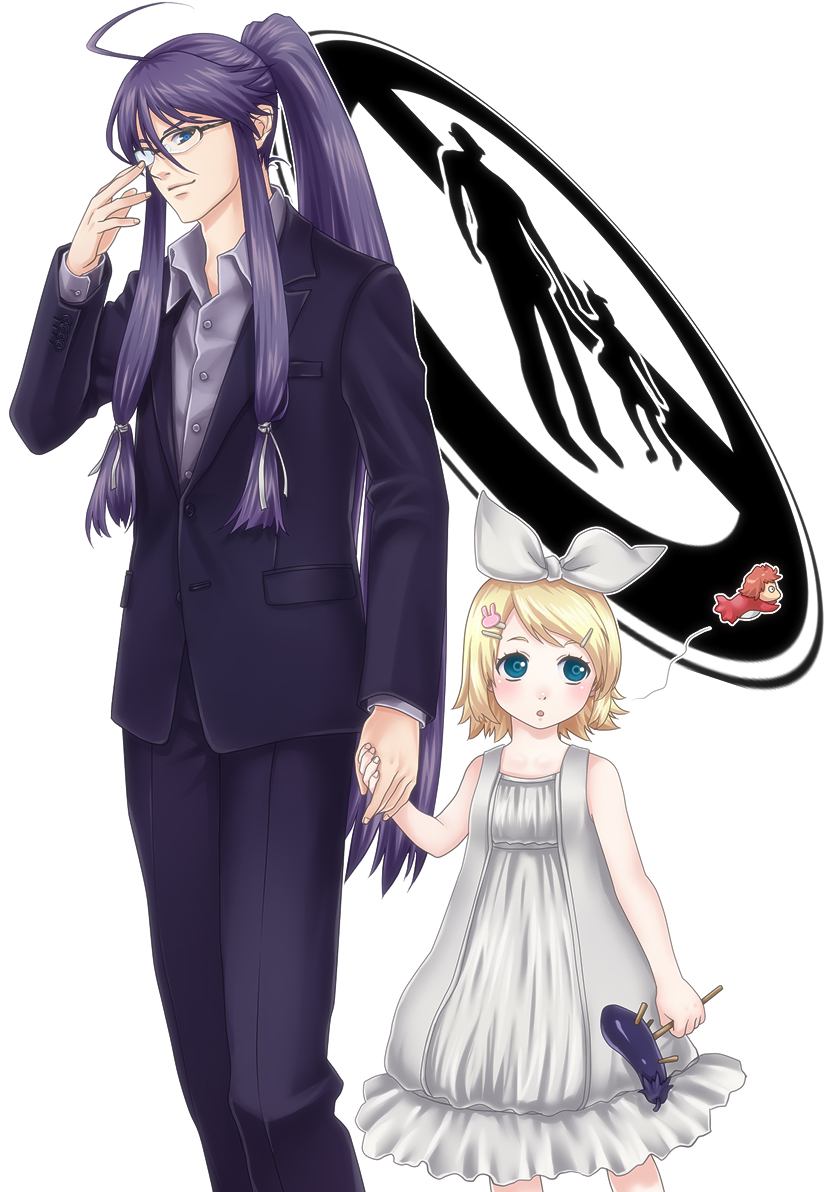 ohse, kagamine rin, kagamine rin (roshin yuukai), kamui gakupo, ponyo, gake no ue no ponyo, roshin yuukai (vocaloid), vocaloid, bad id, bad pixiv id, 00s, 1boy, 1girl, :o, adjusting eyewear, ahoge, blonde hair, blush, child, dress, eggplant, glasses, hair ribbon, holding hands, ponytail, ribbon, short hair