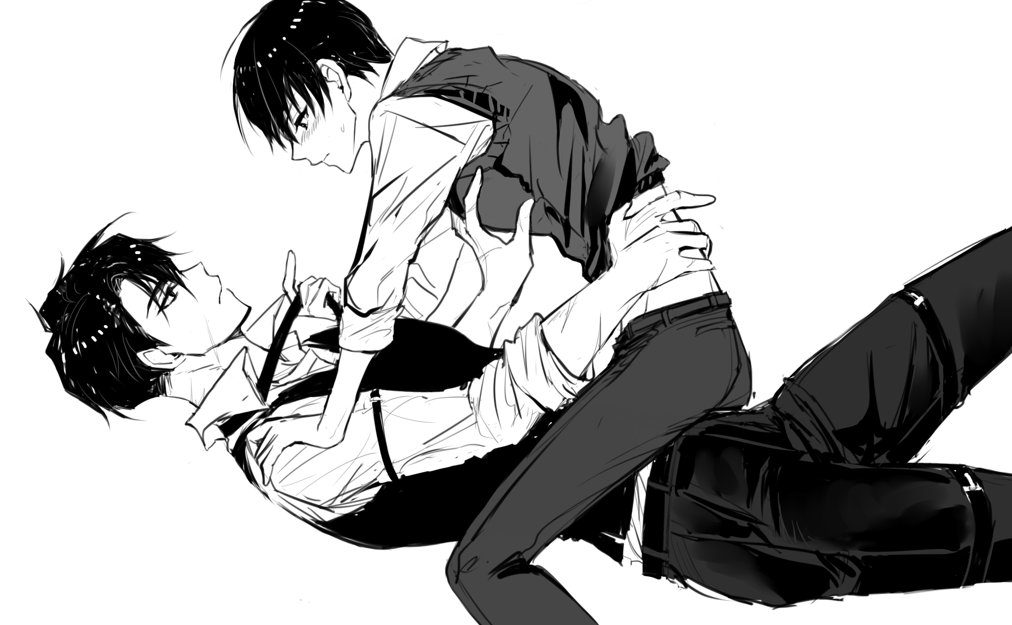 kim dokja, oldest dream, secretive plotter, yoo joonghyuk, omniscient reader's viewpoint, highres, 2boys, black hair, boy on top, chest belt, clothes grab, clothes lift, feet out of frame, flustered, from side, greyscale, hand on another's chest, hand on another's shoulder, hand on another's stomach, looking at another, lying, male focus, monochrome, multiple boys, multiple scars, on back, rhyme1863, scar, scar on arm, scar on face, scar on hand, sexually suggestive, shirt, shirt lift, short hair, sitting, sitting on lap, sitting on person, sleeves rolled up, smile, stomach, vest