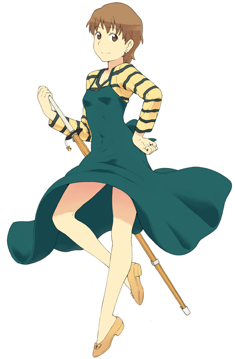 jas (littlecrime), fujimura taiga, fate/stay night, fate (series), striped, bad id, bad pixiv id, 00s, 1girl, brown eyes, brown hair, cellphone charm, cellphone strap, charm (object), dress, earrings, female focus, flats, hand on own hip, hip focus, jewelry, legs, long dress, shinai, short hair, smile, solo, sword, weapon, wind, wind lift