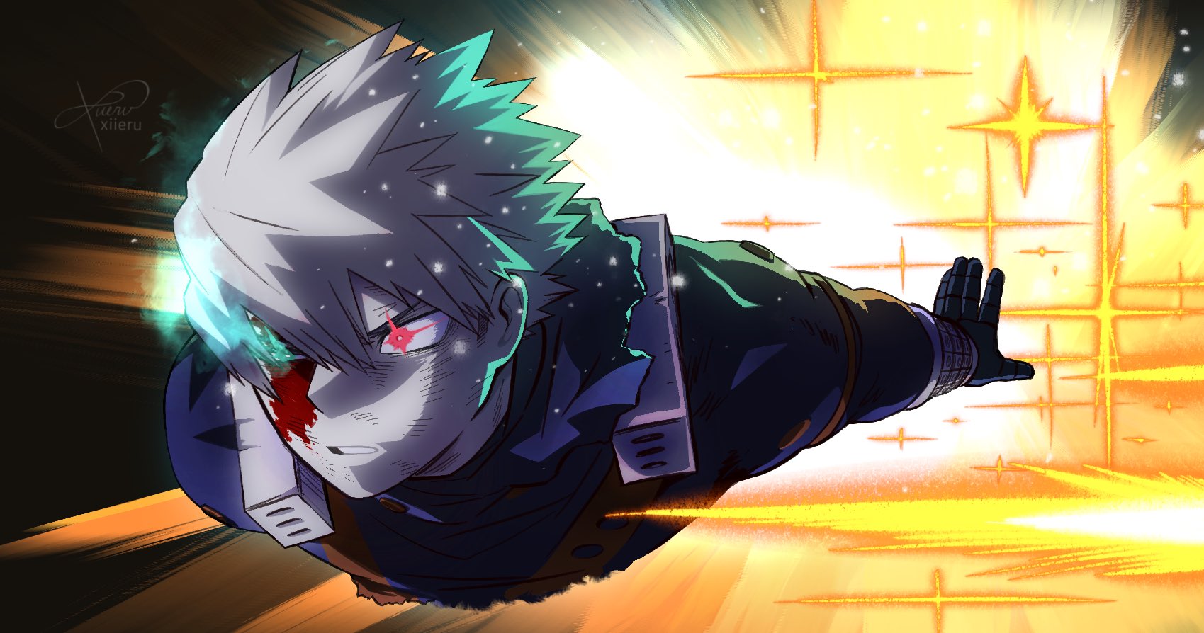 xiieru, bakugou katsuki, boku no hero academia, commentary, english commentary, highres, 1boy, blood, blood on face, dirty, dirty face, explosion, gloves, hair between eyes, long sleeves, male focus, outstretched arm, parted bangs, parted lips, red eyes, short hair, solo, sparks, spiked hair, teeth, torn clothes, twitter username