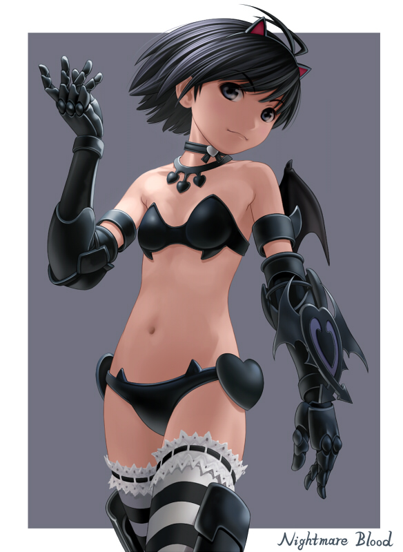 nekopuchi, kikuchi makoto, idolmaster, idolmaster (classic), 00s, 1girl, :3, animal ears, antenna hair, armor, bikini, bikini armor, black bikini, black eyes, black hair, cat ears, choker, collar, female focus, flat chest, frilled thighhighs, frills, gauntlets, hand up, loli, navel, nightmare blood, short hair, solo, striped clothes, striped thighhighs, swimsuit, thighhighs, wings