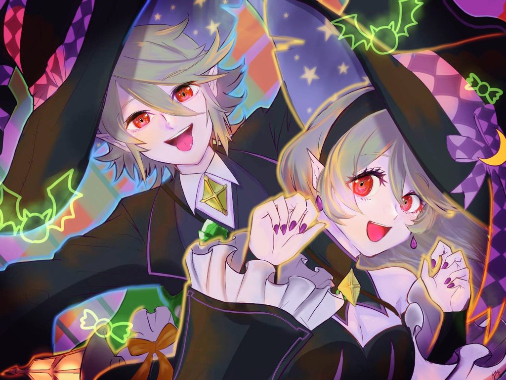 iwtb5572, female corrin (fire emblem), female corrin (halloween) (fire emblem), male corrin (fire emblem), male corrin (halloween) (fire emblem), fire emblem, fire emblem fates, fire emblem heroes, nintendo, 1boy, 1girl, bare shoulders, breasts, cleavage, crescent, crescent hat ornament, dress, fingernails, green sash, halloween, halloween costume, hat, hat ornament, long fingernails, long hair, looking at viewer, medium breasts, nail polish, off-shoulder dress, off shoulder, official alternate costume, open mouth, pointy ears, purple nails, red eyes, sash, smile, witch, witch hat