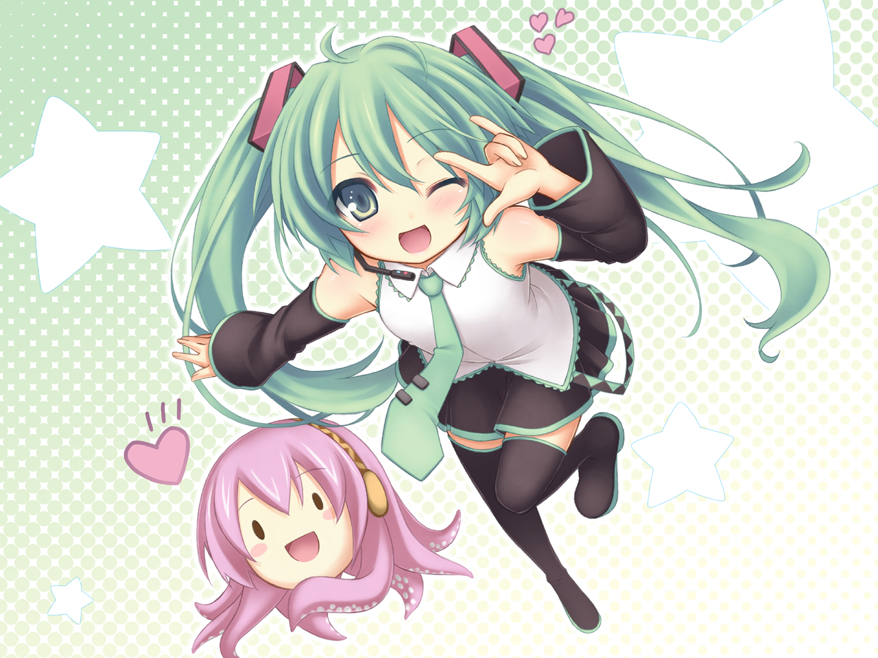ryo (botugo), hatsune miku, megurine luka, takoluka, vocaloid, m/, blush, detached sleeves, flat chest, green eyes, green hair, happy, heart, long hair, necktie, one eye closed, skirt, solo, thighhighs, twintails, wink, zettai ryouiki
