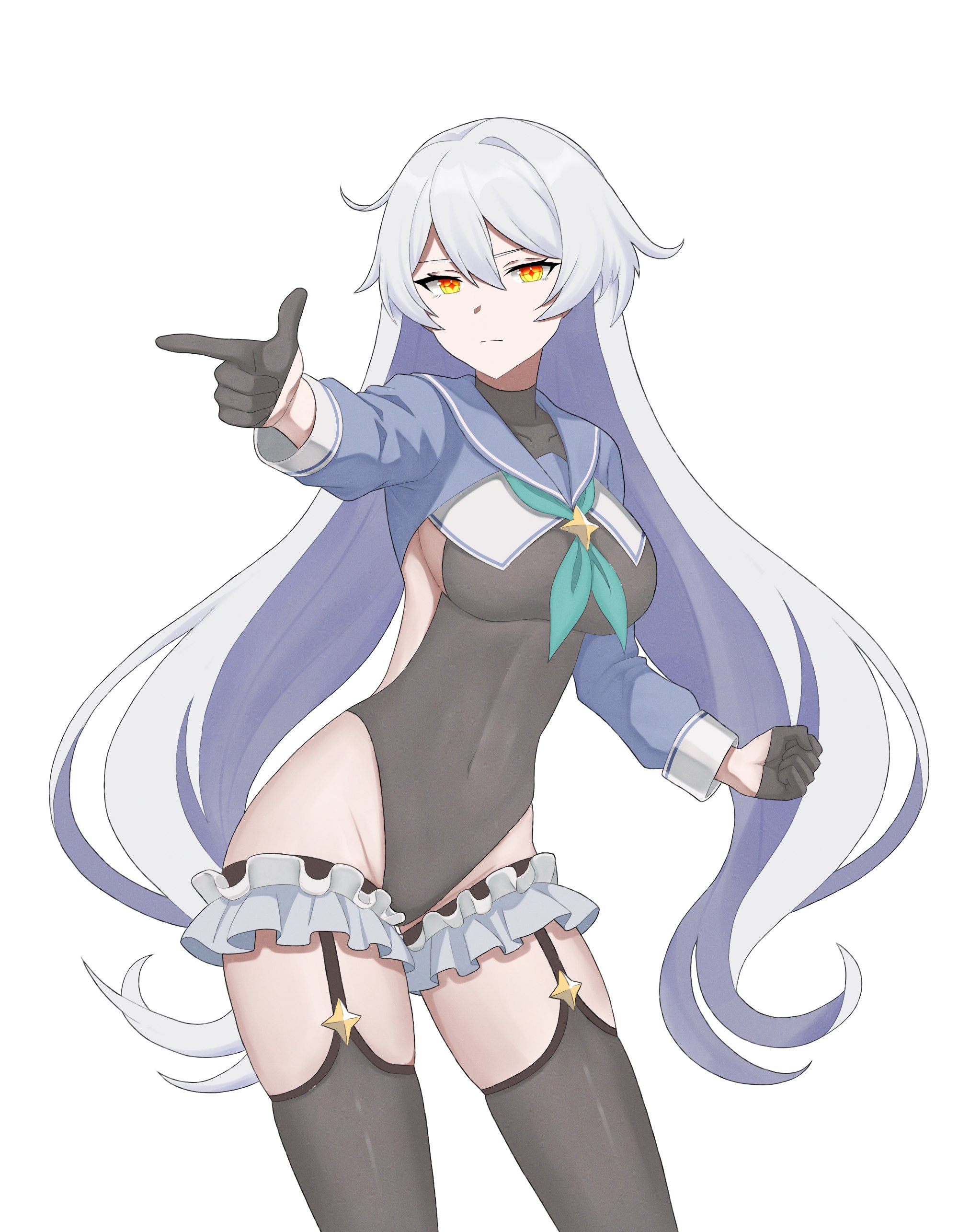 no name art, kiana kaslana, kiana kaslana (herrscher of the void), shimiko (blue archive), shimiko (magical) (blue archive), blue archive, honkai (series), honkai impact 3rd, absurdres, commentary, english commentary, highres, 1girl, black garter straps, black gloves, black leotard, black thighhighs, blue sailor collar, blue shrug, breasts, cosplay, covered navel, finger gun, garter straps, gloves, green neckerchief, highleg, highleg leotard, large breasts, leotard, long hair, looking at viewer, microskirt, neckerchief, pointing, sailor collar, shimiko (blue archive) (cosplay), shrug (clothing), simple background, skirt, solo, thighhighs, very long hair, white background, white hair, white skirt, yellow eyes
