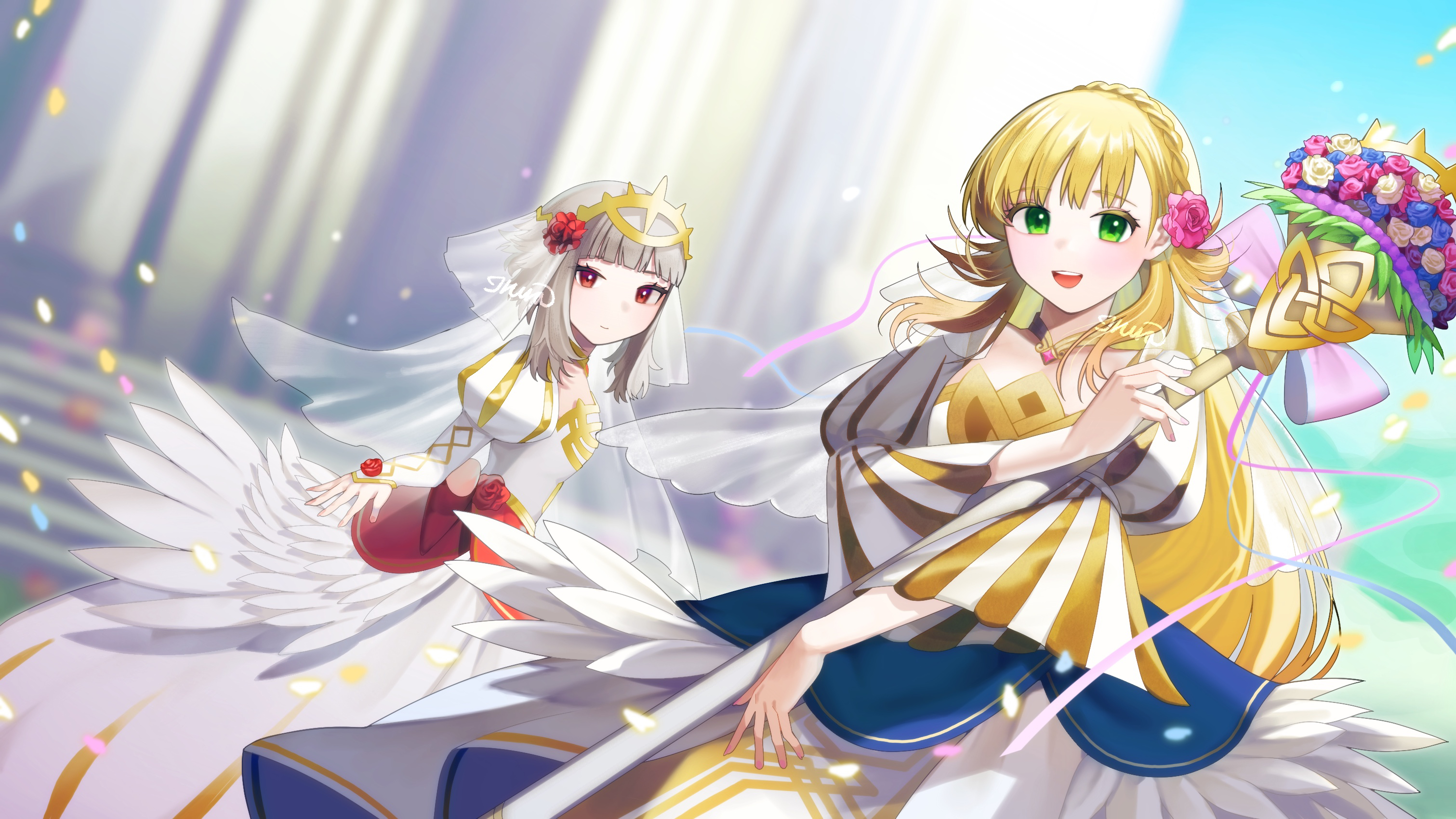 ikura (downdexp), sharena (bride) (fire emblem), sharena (fire emblem), veronica (bride) (fire emblem), veronica (fire emblem), fire emblem, fire emblem heroes, nintendo, commentary request, highres, 2girls, blonde hair, blue flower, blue sky, blurry, blurry background, blush, braid, breasts, bridal veil, crown braid, dress, feather dress, feathers, feet out of frame, flower, green eyes, grey hair, hair flower, hair ornament, holding, holding staff, long hair, looking at viewer, multiple girls, official alternate costume, official alternate hairstyle, open mouth, outdoors, pink flower, puffy sleeves, red eyes, sky, small breasts, staff, veil, wedding, wedding dress, white dress, white feathers, white flower