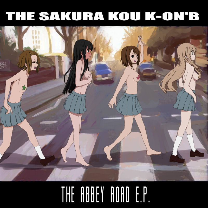 nishiuri warito, akiyama mio, hirasawa yui, kotobuki tsumugi, tainaka ritsu, abbey road, k-on!, red hot chili peppers, the beatles, bad id, bad pixiv id, derivative work, 4girls, album cover, album cover redraw, barefoot, black hair, blush, breasts, brown hair, cover, covering breasts, covering privates, crosswalk, embarrassed, flat chest, full-face blush, ho-kago tea time, legs, long hair, medium breasts, multiple girls, outdoors, parody, pasties, public indecency, short hair, skirt, small breasts, tomboy, topfreedom, topless female, vanishing point