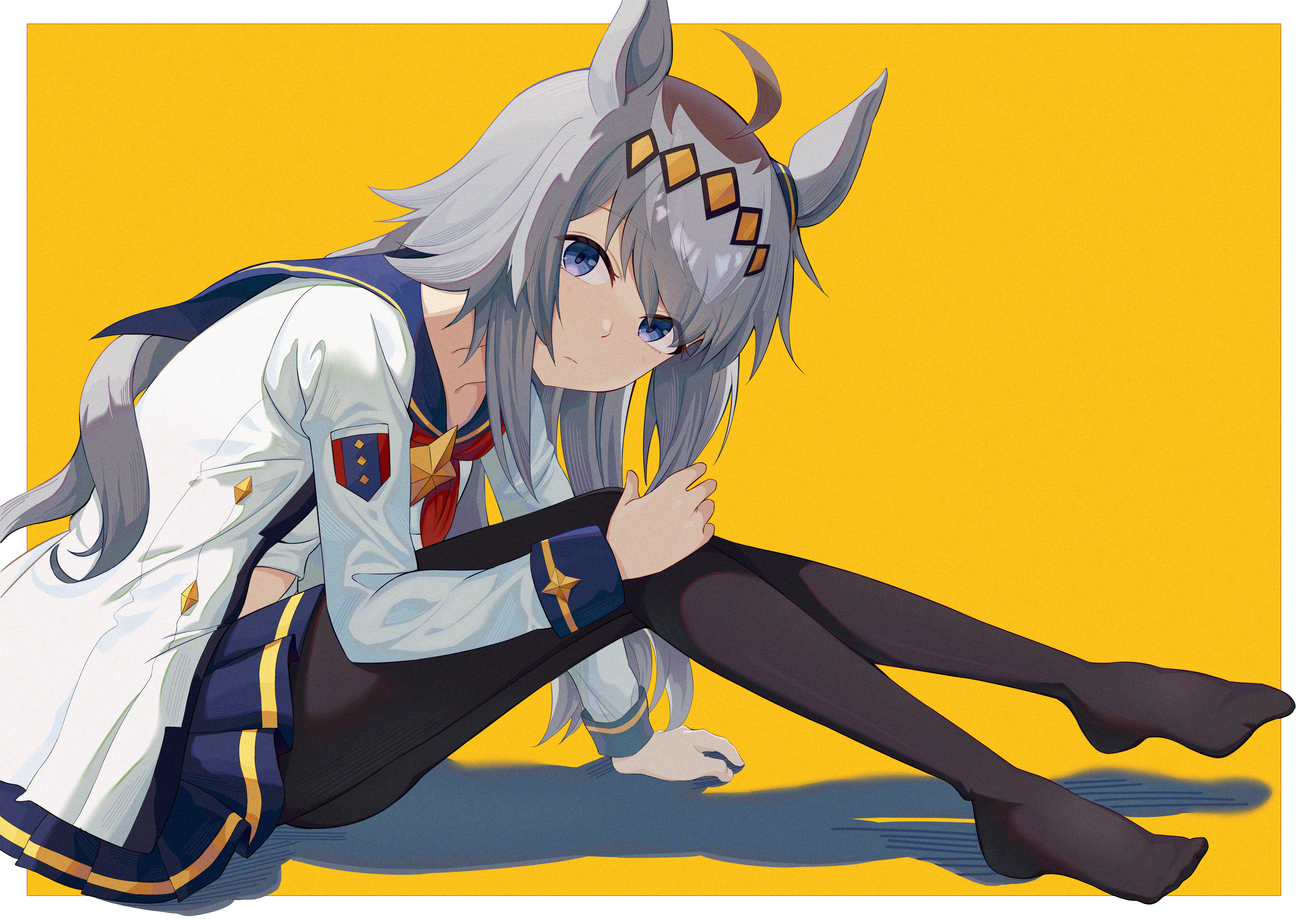 oguri cap (starlight beat) (umamusume), oguri cap (umamusume), umamusume, absurdres, highres, 1girl, animal ears, black pantyhose, blue collar, blue eyes, blue skirt, closed mouth, collar, grey hair, horse ears, horse girl, jacket, long hair, looking at viewer, neckerchief, no shoes, open clothes, open jacket, pantyhose, pleated skirt, red neckerchief, shirt, skirt, solo, user fcsy8847, white jacket, white shirt