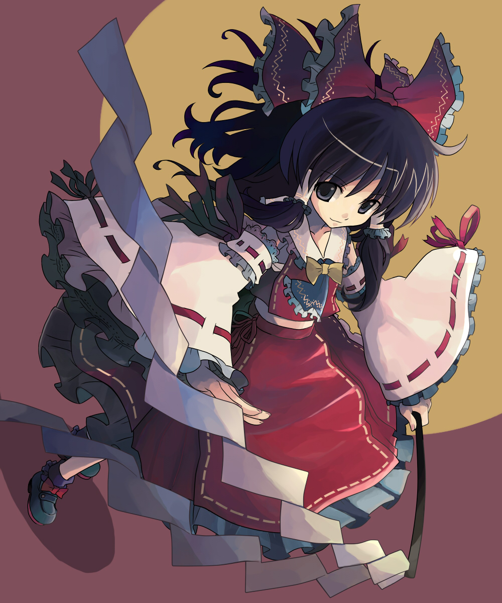 moriya, hakurei reimu, touhou, colorized, highres, 1girl, brown hair, detached sleeves, dutch angle, female focus, hair ribbon, japanese clothes, long hair, miko, ribbon, skirt, smile, solo