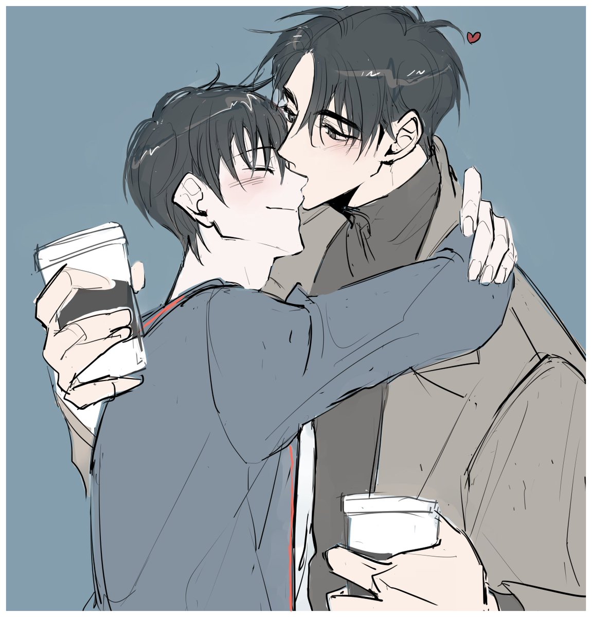 kim dokja, yoo joonghyuk, omniscient reader's viewpoint, highres, 2boys, arm around neck, black eyes, black hair, black shirt, blue background, blue shirt, border, closed eyes, coat, crew neck, cup, curtained hair, disposable cup, flustered, grey coat, heart, holding, holding cup, kiss, looking at another, male focus, multiple boys, rhyme1863, shirt, short hair, simple background, smile, upper body, white border, yaoi