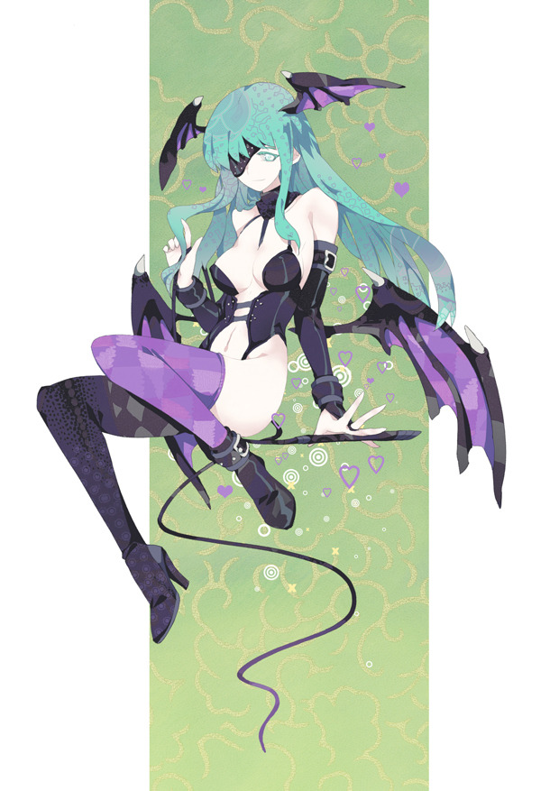 tako ashin, morrigan aensland, capcom, darkstalkers, 1girl, alternate costume, breasts, cleavage, corset, eyepatch, female focus, full body, green background, green hair, head wings, long hair, revealing clothes, solo, thighhighs, whip, wings
