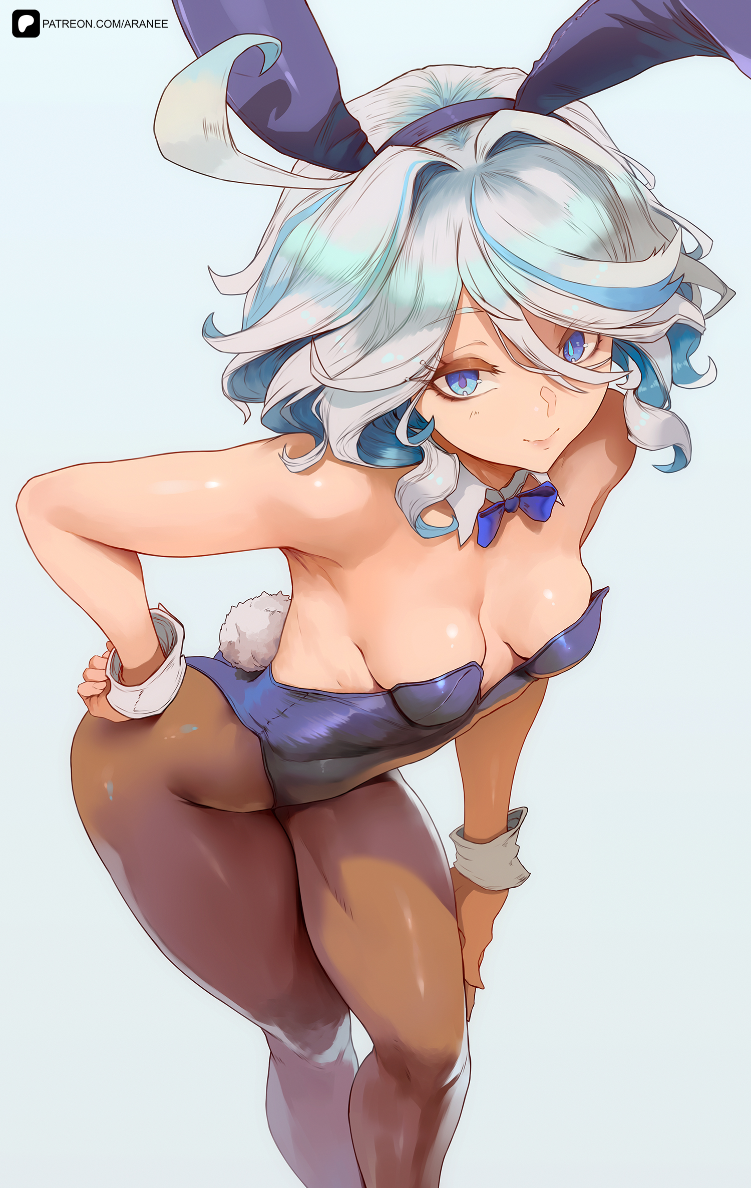araneesama, furina (genshin impact), genshin impact, commentary, english commentary, highres, 1girl, alternate costume, animal ears, blue bow, blue bowtie, blue eyes, blue hair, blue leotard, bow, bowtie, breasts, brown pantyhose, closed mouth, detached collar, fake animal ears, fake tail, grey hair, hair between eyes, leaning forward, leotard, medium hair, multicolored hair, pantyhose, playboy bunny, rabbit ears, rabbit tail, small breasts, smile, solo, strapless, strapless leotard, tail, white background, white wrist cuffs, wrist cuffs