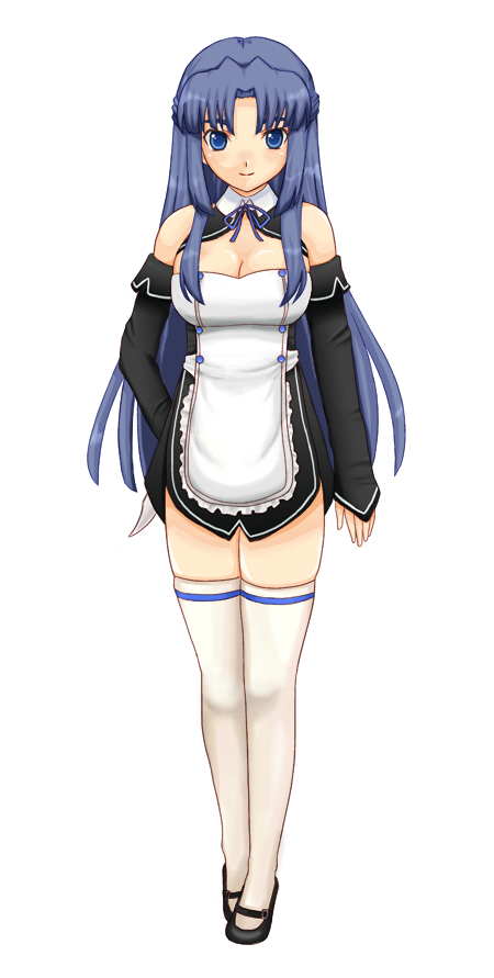 esuyuki, asakura ryoko, dream c club, dream c club (series), suzumiya haruhi no yuuutsu, 1girl, bare shoulders, blue eyes, blue hair, breasts, cleavage, cosplay, detached sleeves, female focus, knife, large breasts, long hair, matching hair/eyes, solo, thighhighs, waitress, zettai ryouiki