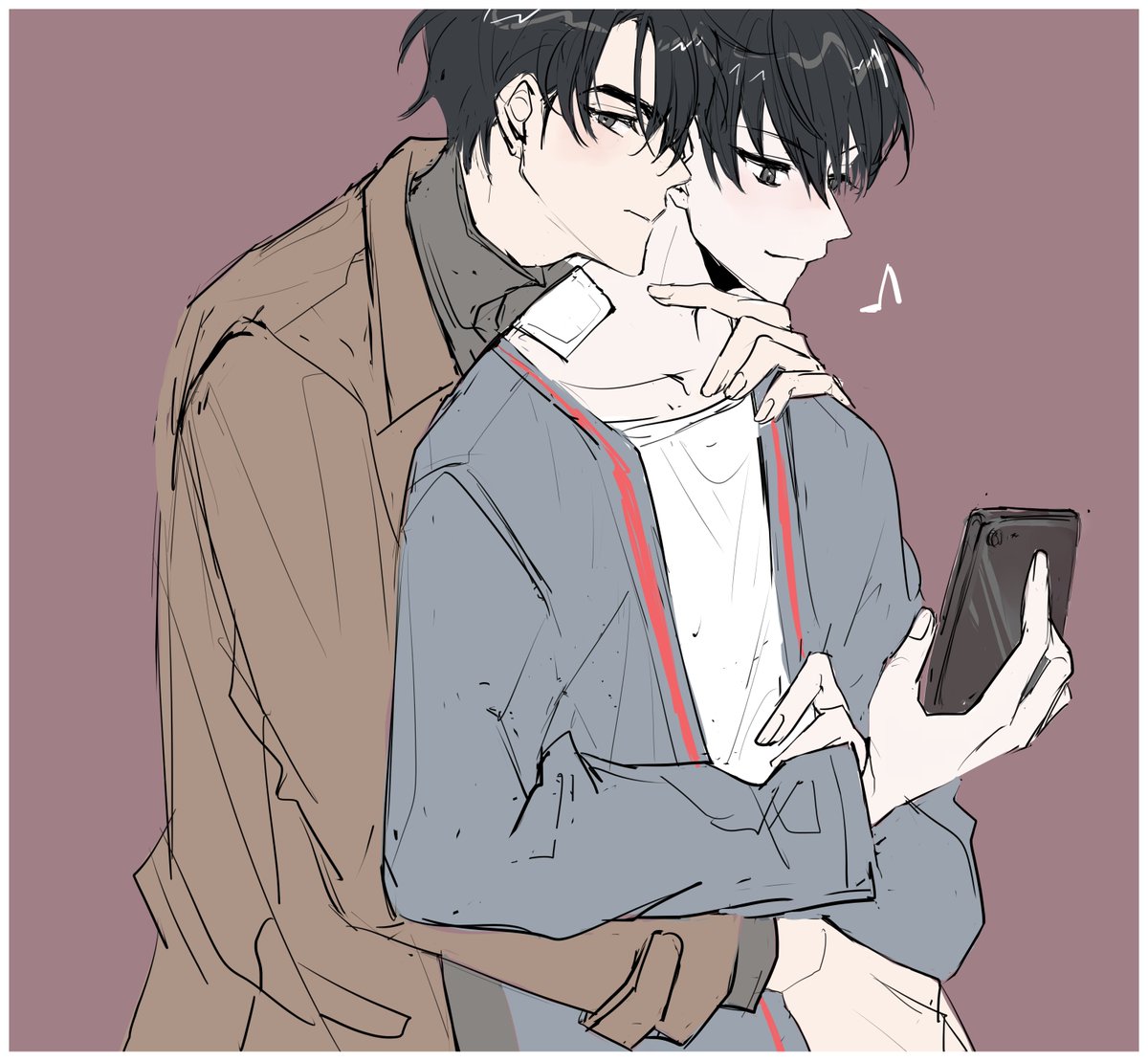 kim dokja, yoo joonghyuk, omniscient reader's viewpoint, 2boys, arm around waist, black eyes, black hair, black shirt, blue cardigan, border, brown coat, cardigan, coat, crew neck, curtained hair, flustered, hand on another's neck, holding, holding phone, looking at another, looking at phone, looking at viewer, male focus, multiple boys, off shoulder, open clothes, open coat, phone, red background, rhyme1863, shirt, short hair, simple background, smile, upper body, white border, white shirt, yaoi