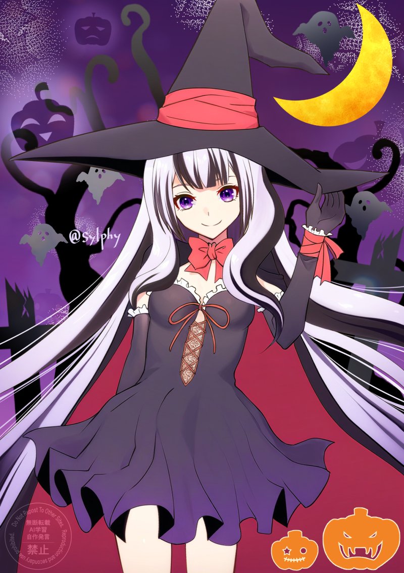 sylphy fe, veyle (fire emblem), fire emblem, fire emblem engage, nintendo, 1girl, alternate costume, black hair, breasts, crescent moon, ghost, grey hair, halloween, halloween costume, hat, jack-o'-lantern, long hair, looking at viewer, medium breasts, moon, multicolored hair, purple eyes, solo, two-tone hair, very long hair, wavy hair, witch, witch hat