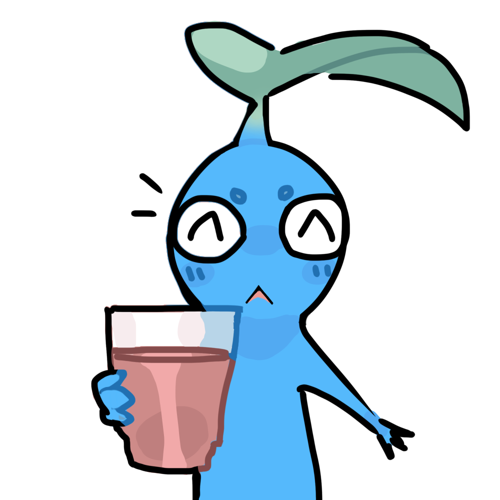 blue pikmin, nintendo, pikmin (series), artist request, source request, third-party source, ^ ^, blue skin, blush stickers, closed eyes, colored skin, creature, creature focus, cup, drink, drinking glass, happy, holding, holding drink, juice, leaf, no humans, notice lines, offering food, simple background, solo, straight-on, triangle mouth, upper body, white background
