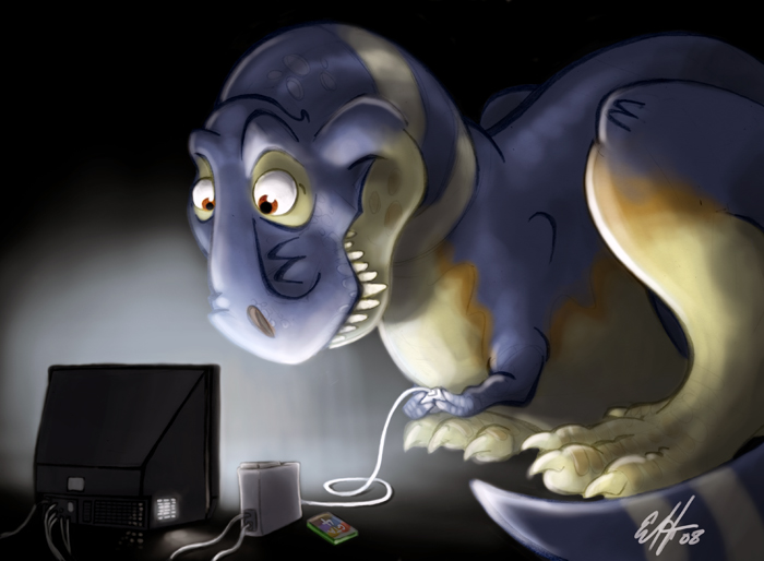 grand theft auto, grand theft auto iv, rockstar, tagme, dinosaur, macroceli, orange eyes, playing games, surreal, teeth, television, tyrannosaurus rex, video game