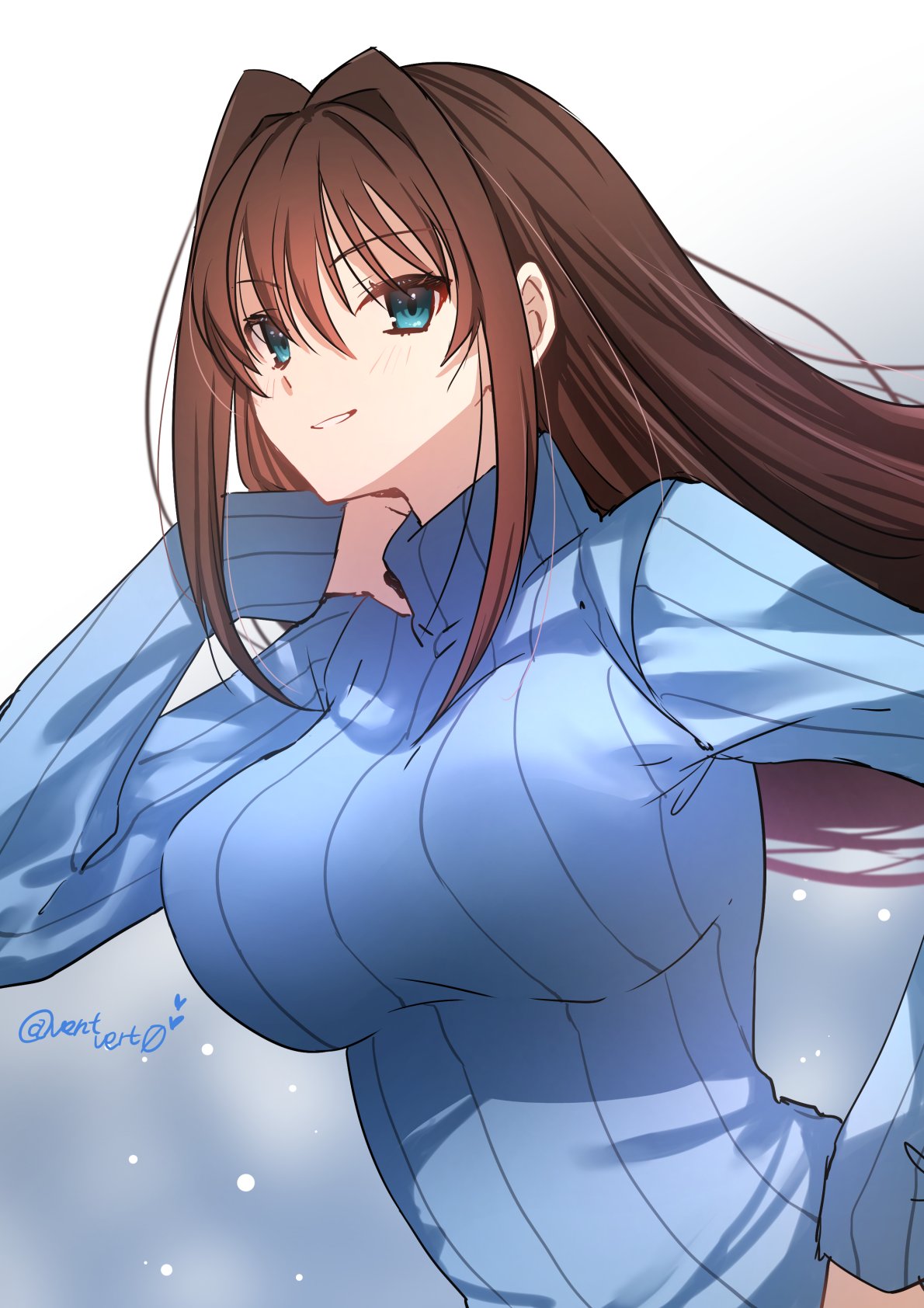 vent vert (kuuya), aozaki aoko, mahou tsukai no yoru, highres, 1girl, blue eyes, blue sweater, blush, breasts, brown hair, hair between eyes, hair intakes, hand on own hip, large breasts, long hair, long sleeves, looking at viewer, parted lips, ribbed sweater, simple background, smile, solo, sweater, turtleneck, turtleneck sweater, twitter username, upper body, white background