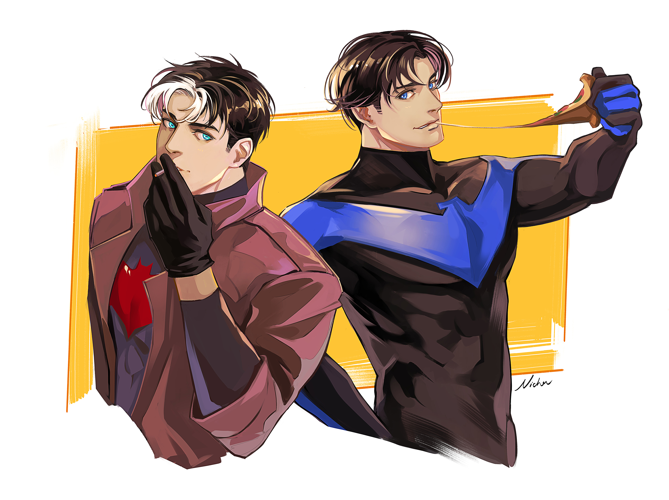 nichasheng, jason todd, nightwing, red hood (dc), batman (series), dc comics, highres, black bodysuit, black hair, black pants, blue bodysuit, blue eyes, bodysuit, facial hair, grey bodysuit, holding, jacket, male focus, multicolored bodysuit, multiple boys, muscular, muscular male, pants, short hair, simple background, smile, superhero costume, taut bodysuit, two-tone bodysuit, upper body