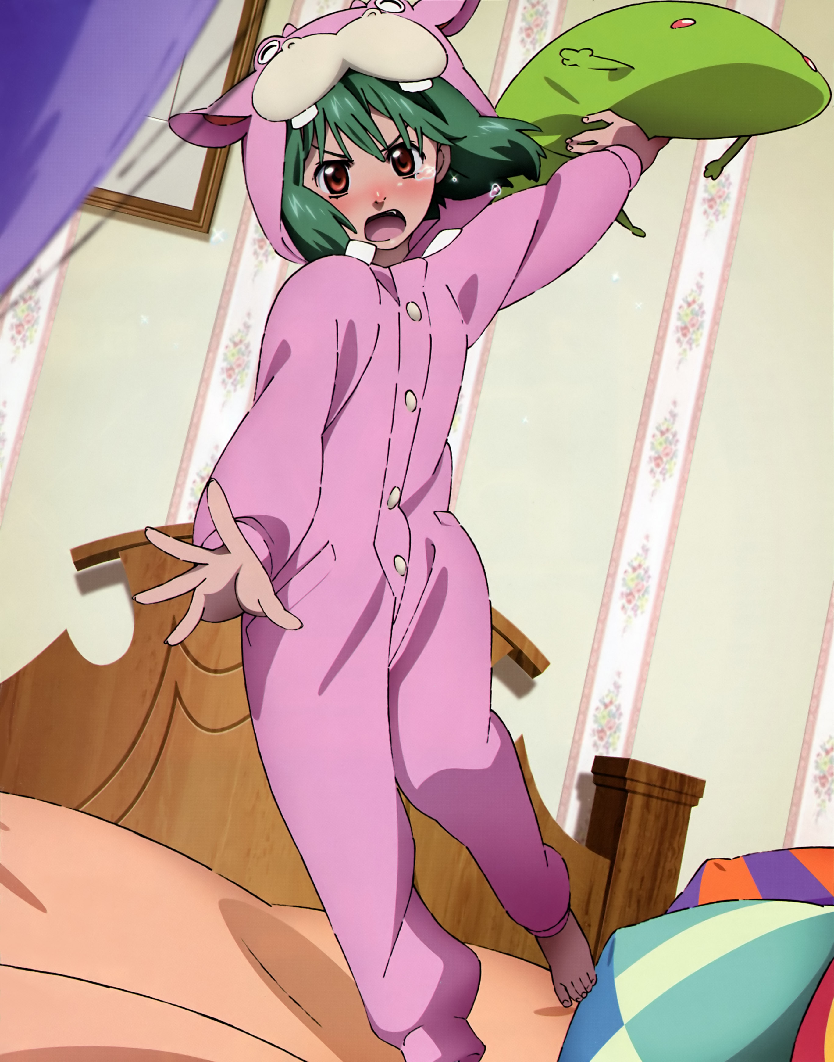 tsukahara hajime, ranka lee, macross, macross frontier, absurdres, highres, scan, 00s, angry, barefoot, bed, blush, fang, green hair, pajamas, pillow, red eyes, solo, tears