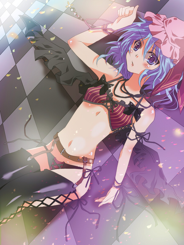 bababase, remilia scarlet, touhou, bad id, bad pixiv id, 1girl, belt, female focus, hat, lingerie, navel, solo, thighhighs, underwear, wings