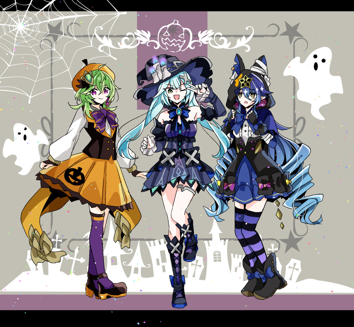 yuyu (spika), collei (genshin impact), faruzan (genshin impact), layla (genshin impact), genshin impact, 3girls, ;d, aqua hair, bare shoulders, beret, black boots, black hat, black shoes, black skirt, black vest, blue hair, boots, bow, bowtie, brooch, brown shoes, candle hat ornament, cosplay, detached sleeves, dress, ghost, hat, high-waist skirt, hood, jewelry, juliet sleeves, letterboxed, long hair, long sleeves, manekina (candlelit revelry) (genshin impact), manekina (genshin impact), manekina (genshin impact) (cosplay), miniskirt, multiple girls, one eye closed, open mouth, orange hat, orange skirt, puffy sleeves, purple thighhighs, shirt, shoes, short dress, silk, skirt, smile, spider web, standing, strapless, strapless dress, striped clothes, striped thighhighs, thighhighs, very long hair, vest, white shirt, witch hat