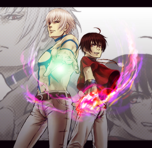 chris, orochi (kof), snk, the king of fighters, lowres, 2boys, brown hair, grey background, male focus, multiple boys, pants, red eyes, standing, topless male, white hair, zoom layer
