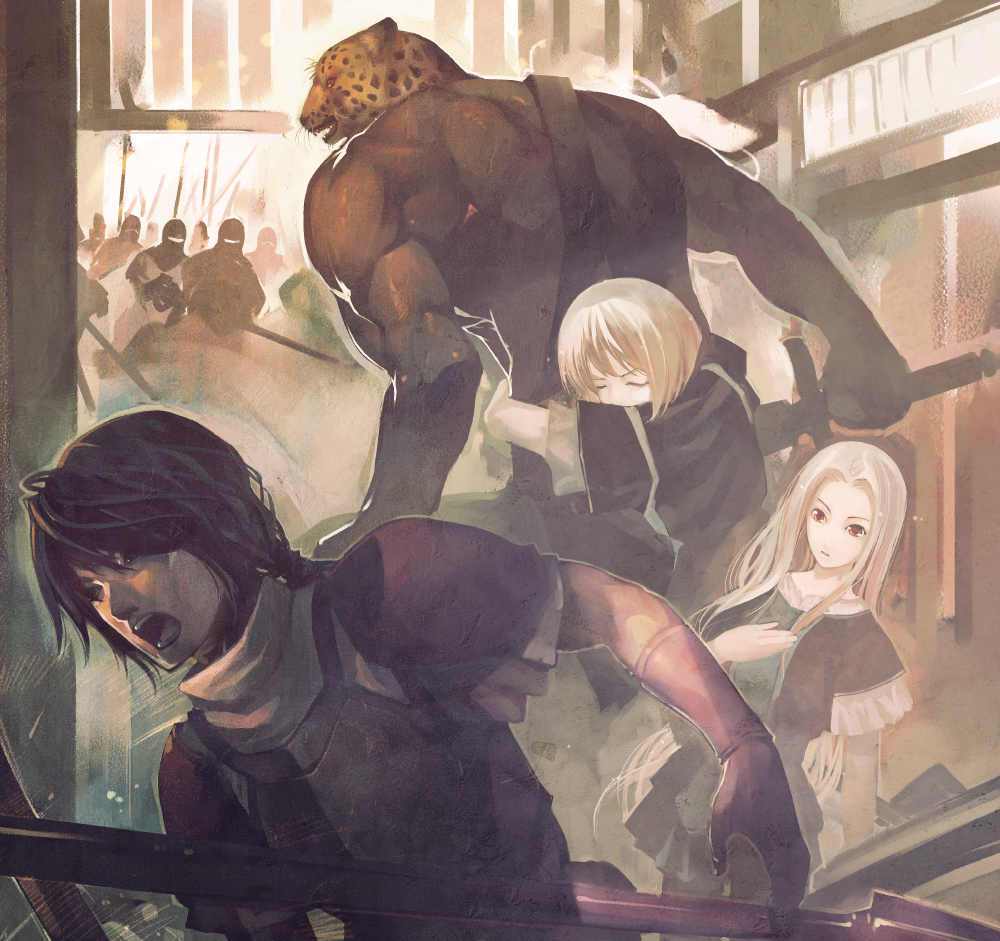 aikura chihiro, guin, istavan spellsword, istvan, linda (guin saga), remus, remus farseer, rinda farseer, guin saga, 00s, 1girl, 3boys, black hair, closed eyes, furry, furry male, leopard, male focus, multiple boys, muscular, polearm, spear, sword, weapon, white hair