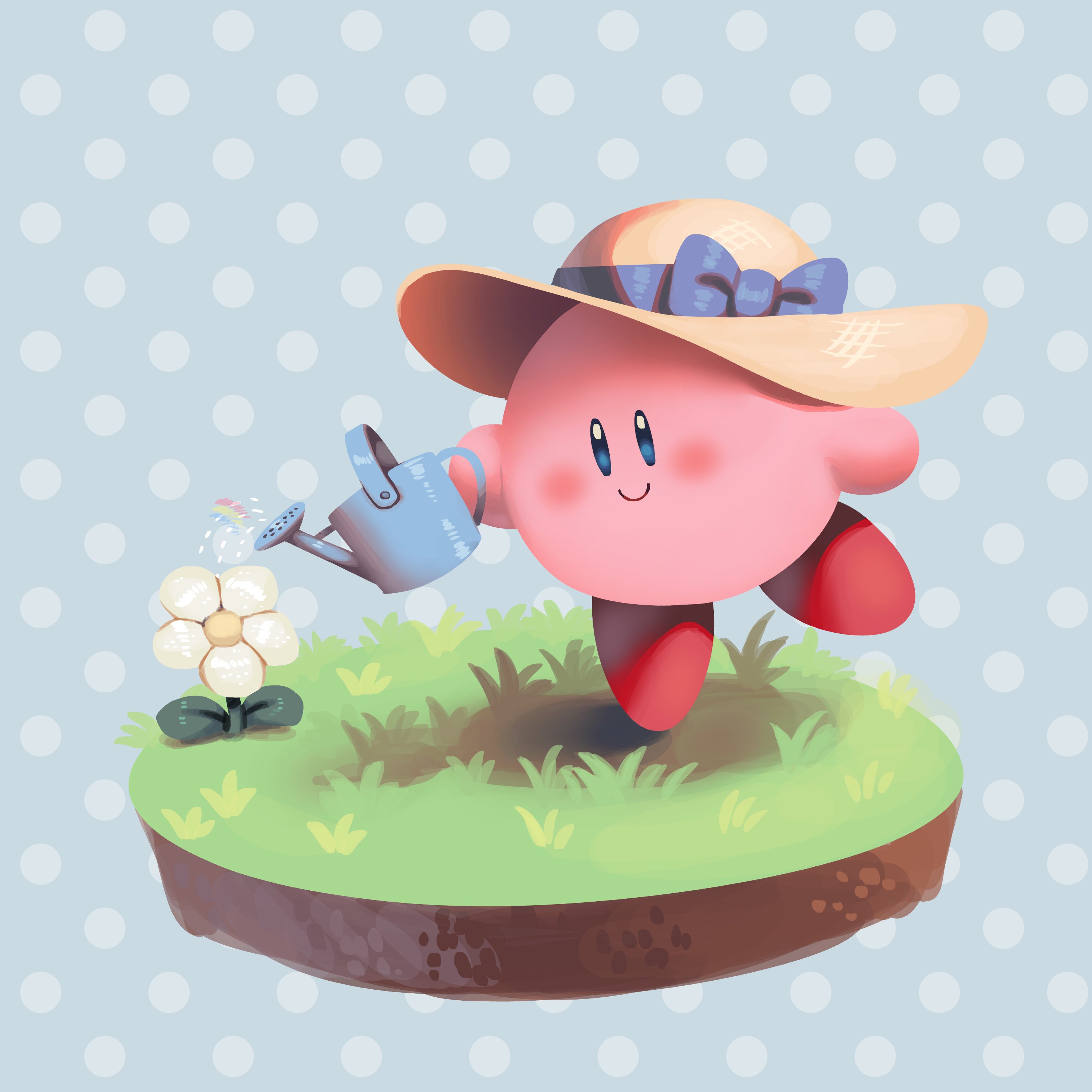 frogbians, kirby, kirby (series), nintendo, absurdres, commentary, english commentary, highres, blue background, blue bow, blue eyes, bow, brown hat, closed mouth, creature, creature focus, flower, grass, happy, hat, hat bow, holding, holding watering can, leg up, light blush, looking at flowers, no humans, polka dot, polka dot background, smile, solo, sun hat, watering can, white flower