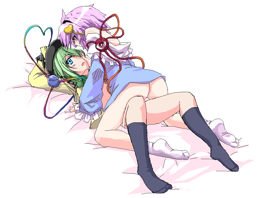 gisyo, komeiji koishi, komeiji satori, touhou, bad id, bad pixiv id, 2girls, bottomless, feet, female focus, girl on top, green hair, incest, multiple girls, oekaki, purple hair, short hair, siblings, sisters, socks, yuri