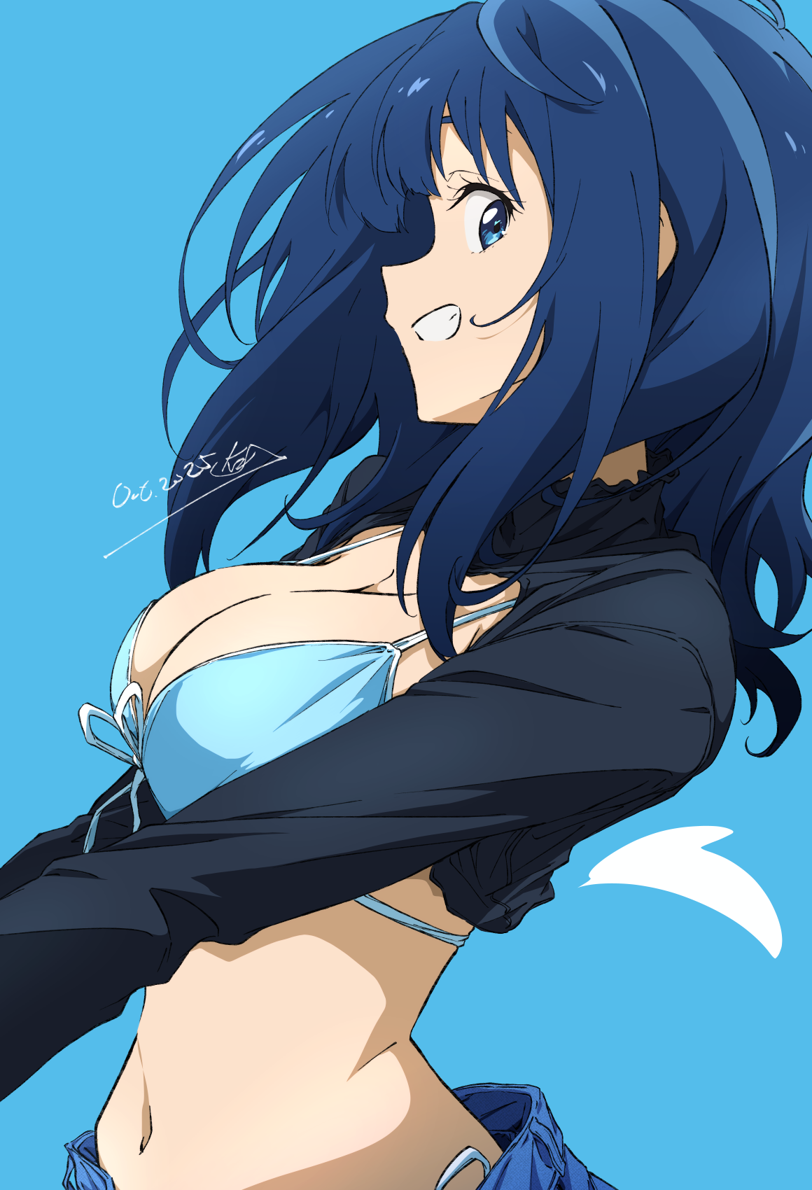 nii manabu, yanami anna, make heroine ga oo sugiru!, commentary request, highres, 1girl, bikini, blue background, blue bikini, blue eyes, blue hair, blue jacket, breasts, cleavage, clenched teeth, dated, grin, jacket, large breasts, long sleeves, looking at viewer, medium hair, navel, shrug (clothing), simple background, smile, solo, swimsuit, teeth