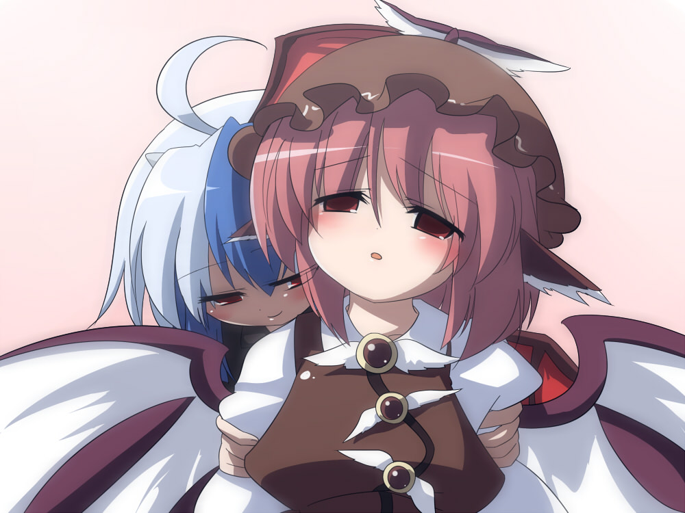 oka (bananashoe), mystia lorelei, tokiko (touhou), touhou, 2girls, ahoge, animal ears, blue hair, female focus, head wings, multiple girls, pink hair, wings, you gonna get raped