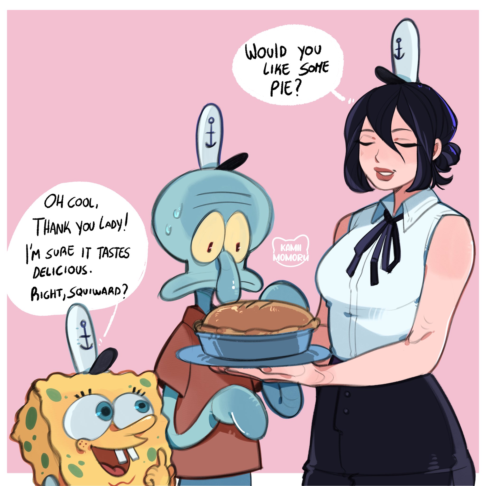 kamii momoru, reze (chainsaw man), spongebob squarepants, squidward tentacles, chainsaw man, spongebob squarepants (series), commentary, english commentary, highres, 1girl, 2boys, anchor print, bare arms, bare shoulders, black hair, black ribbon, border, breasts, brown shirt, buck teeth, closed eyes, food, grin, hair between eyes, hat, holding, holding plate, medium breasts, multiple boys, neck ribbon, outside border, pie, pink background, plate, ribbon, shirt, short hair, simple background, sleeveless, sleeveless shirt, smile, speech bubble, sweat, teeth, upper body, white border, white shirt