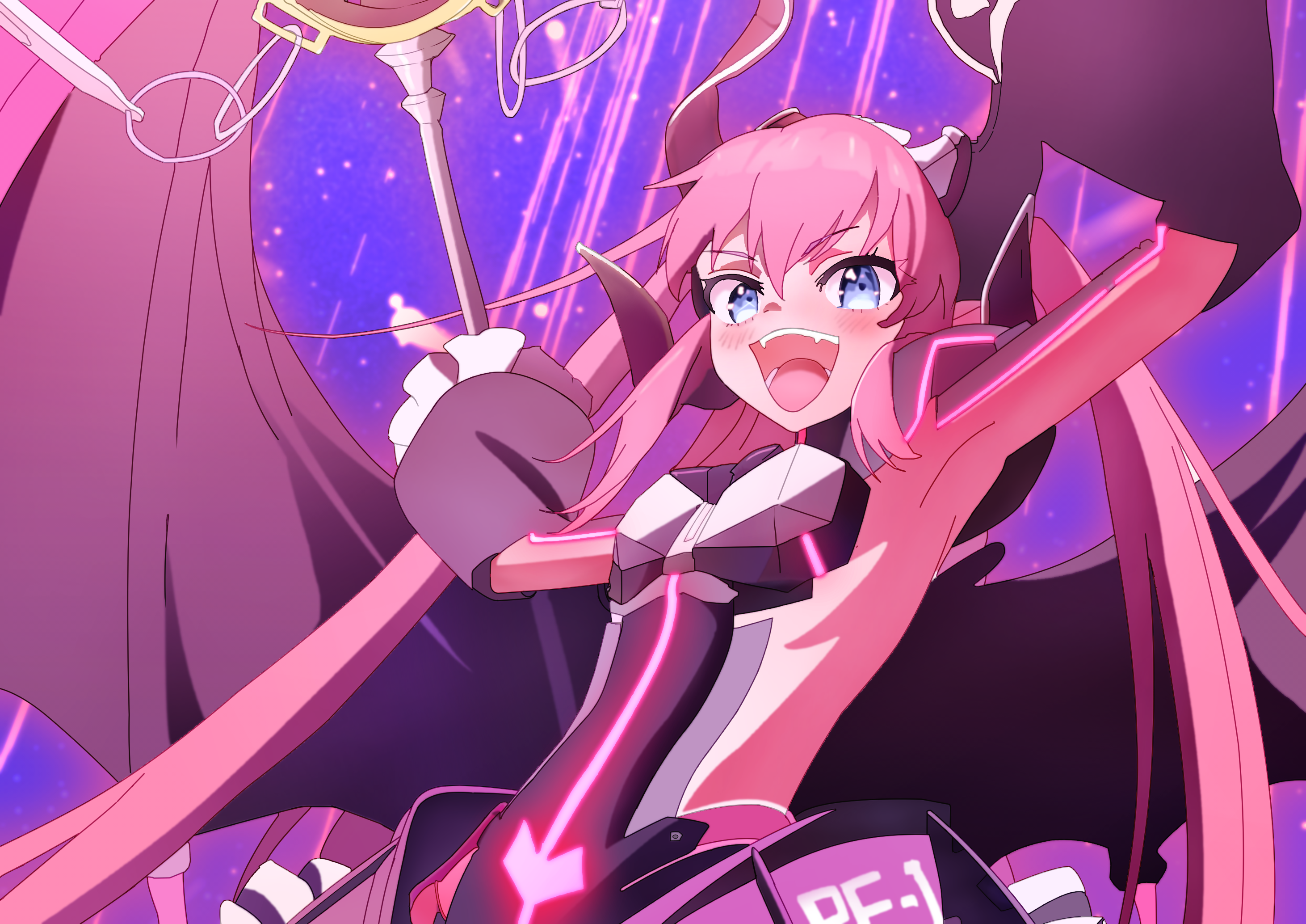 newgame peco, elizabeth bathory (fate), fate/grand order, fate (series), highres, 1girl, armor, armpits, arms up, blue eyes, blush, breasts, dragon wings, elizabeth bathory (perfect) (fate), elizabeth bathory (perfect) (third ascension) (fate), fangs, holding, holding polearm, holding weapon, horns, long hair, looking at viewer, medium breasts, open mouth, pink hair, polearm, solo, weapon, wings