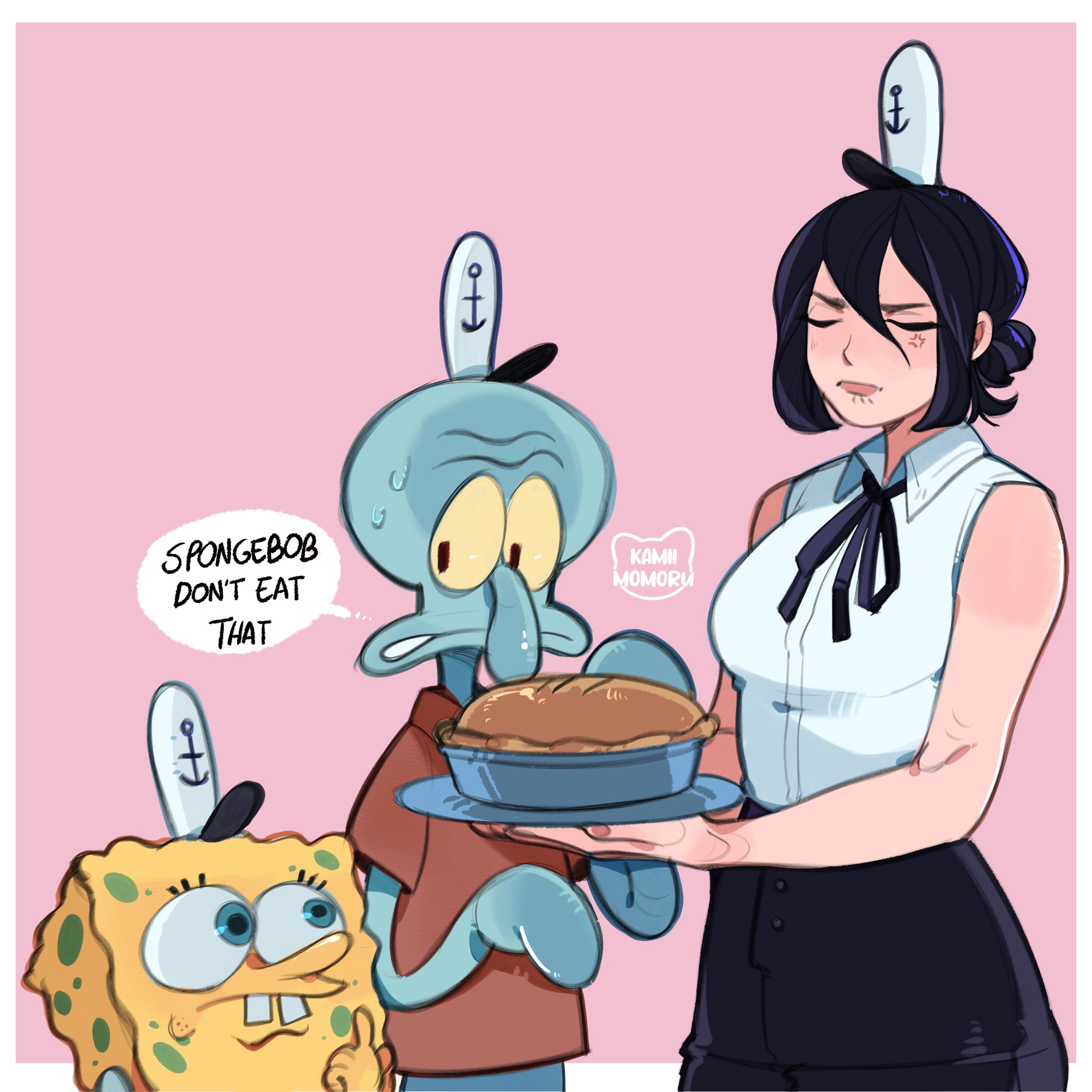 kamii momoru, reze (chainsaw man), spongebob squarepants, squidward tentacles, chainsaw man, spongebob squarepants (series), commentary, english commentary, highres, 1girl, 2boys, anchor print, anger vein, bare arms, bare shoulders, black hair, black ribbon, border, breasts, brown shirt, buck teeth, closed eyes, food, hair between eyes, hat, holding, holding plate, medium breasts, multiple boys, neck ribbon, outside border, pie, pink background, plate, ribbon, shirt, short hair, simple background, sleeveless, sleeveless shirt, speech bubble, sweat, teeth, upper body, white border, white shirt
