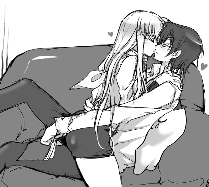 creayus, c.c., lelouch vi britannia, code geass, 00s, 1boy, 1girl, closed eyes, couple, greyscale, heart, hetero, kiss, long hair, monochrome, skirt, straddling