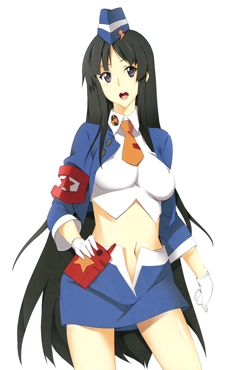 nanao (mahaya), akiyama mio, yoko littner, k-on!, pieces of sweet stars, tengen toppa gurren lagann, bad id, bad pixiv id, highres, 1girl, armband, black eyes, black hair, breasts, cosplay, covered erect nipples, female focus, garrison cap, gloves, hat, idol, long hair, midriff, navel, necktie, parody, skirt, skull, solo, very long hair, yoko littner (cosplay)