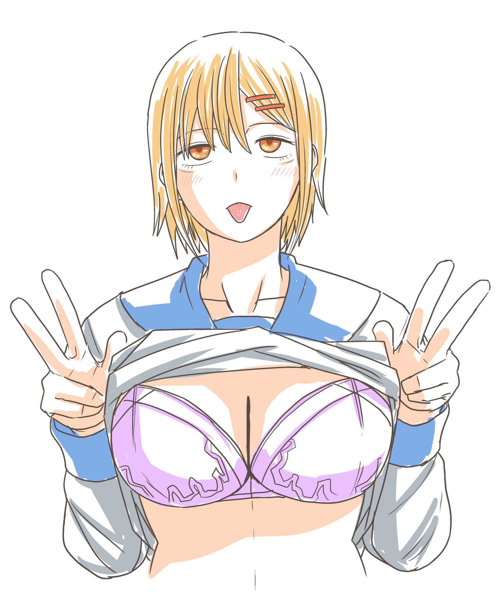 axe934, highres, tagme, 1girl, breasts, large breasts, school uniform, short hair, simple background, tongue, tongue out, v, white background