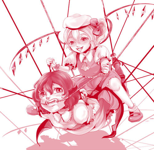 tatsumi, flandre scarlet, remilia scarlet, touhou, bad id, bad pixiv id, lowres, 2girls, bat wings, bdsm, bondage, bound, fangs, female focus, hat, monochrome, multiple girls, pink theme, ponytail, rope, short hair, siblings, side ponytail, sisters, sitting, sitting on person, wings