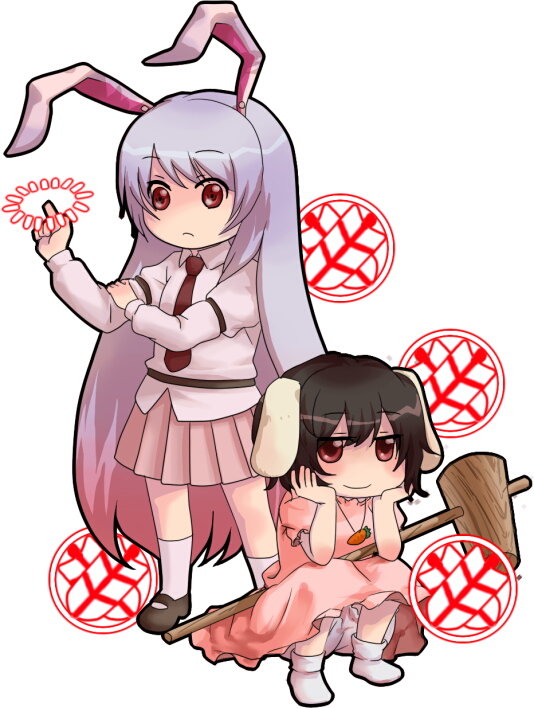 ari (artist), ariori haberi, inaba tewi, reisen udongein inaba, touhou, bad id, bad pixiv id, 2girls, animal ears, black hair, carrot, danmaku, female focus, finger gun, hammer, jewelry, long hair, multiple girls, necktie, pendant, purple hair, rabbit ears, red eyes, short hair, socks